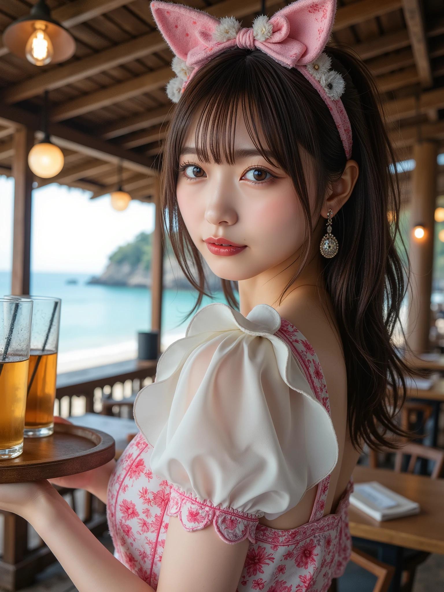 In a seaside café、smiling while eating spaghetti、An idol woman smiles