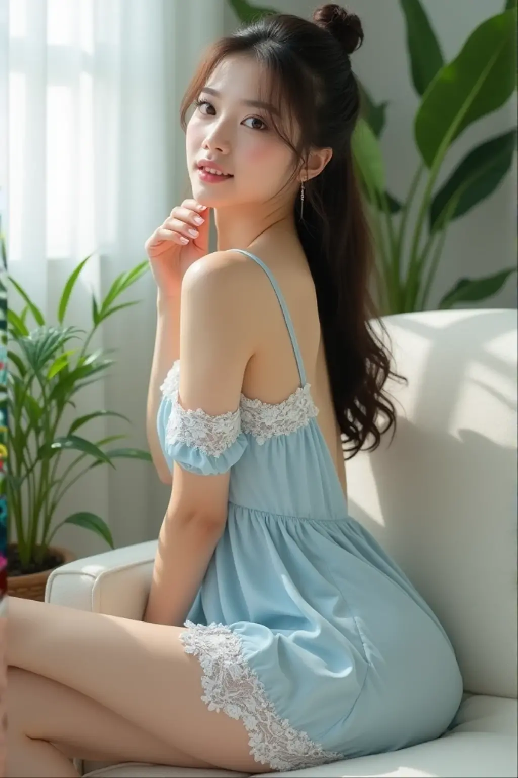 (((best quality))),(((ultra detailed))),(((masterpiece))),illustration,1 beautiful girl,solo,slim,thin,small breasts,flat chest,shoulder length straight hair,sitting on bed,dilapidated,hotel room,summer's afternoon,anticipation,shyness,boyfriend,date,big almond-shaped eyes,excited,nervous,fair skin,flawless,rosy cheeks,light blue sundress,slender figure,delicate collarbones,white flowers,delicate silver chain,strappy sandals,small heel,rusty bed frame,peeling wallpaper,worn-out wooden floor,white lace curtain,warm sunlight,soft warm glow,old-fashioned radio,cheerful tune,nervousness,heart pounding,excitement,waiting for boyfriend,door,plain attire,electric atmosphere,love,butterflies,from front