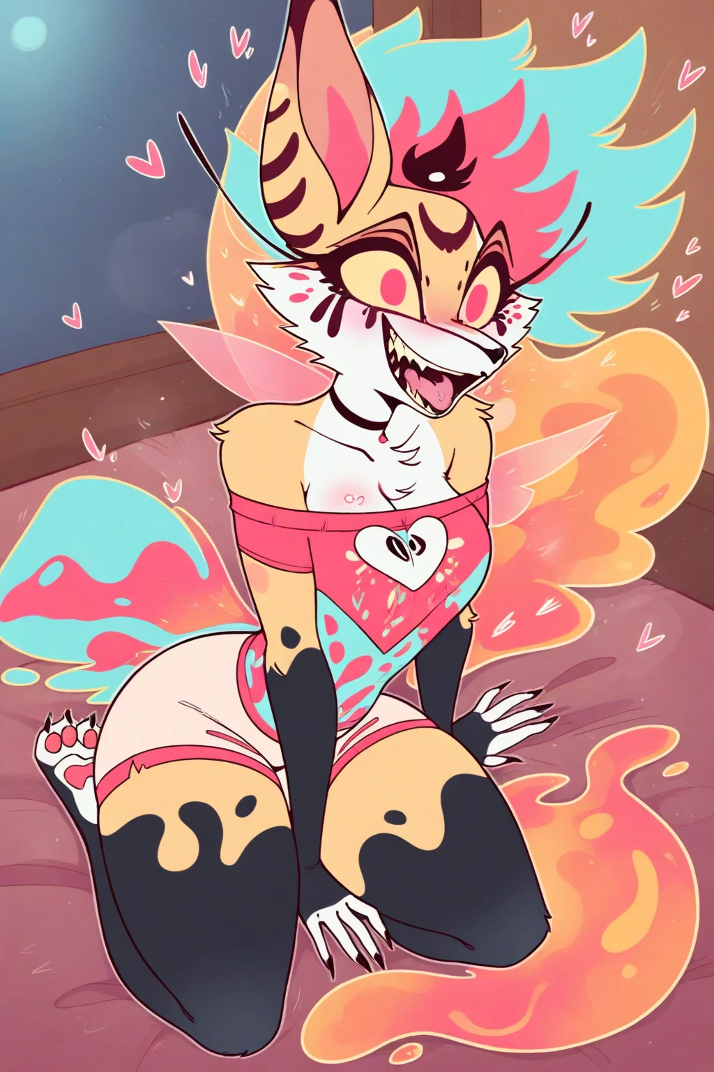 Excited expression, 1girl, anthro, furry, fur, fluffy fur, flareon girl, yellow hair (red highlights), white eyes, short hair, Messy hair, (19 years),large breast, thicc thighs, solo, (bedroom, mansion), sunset, detailed, smug smile, wearing a thong, cleaning, score_9, score_8_up, score_7_up, score_6_up, score_5_up, score_4_up, nipple bulge