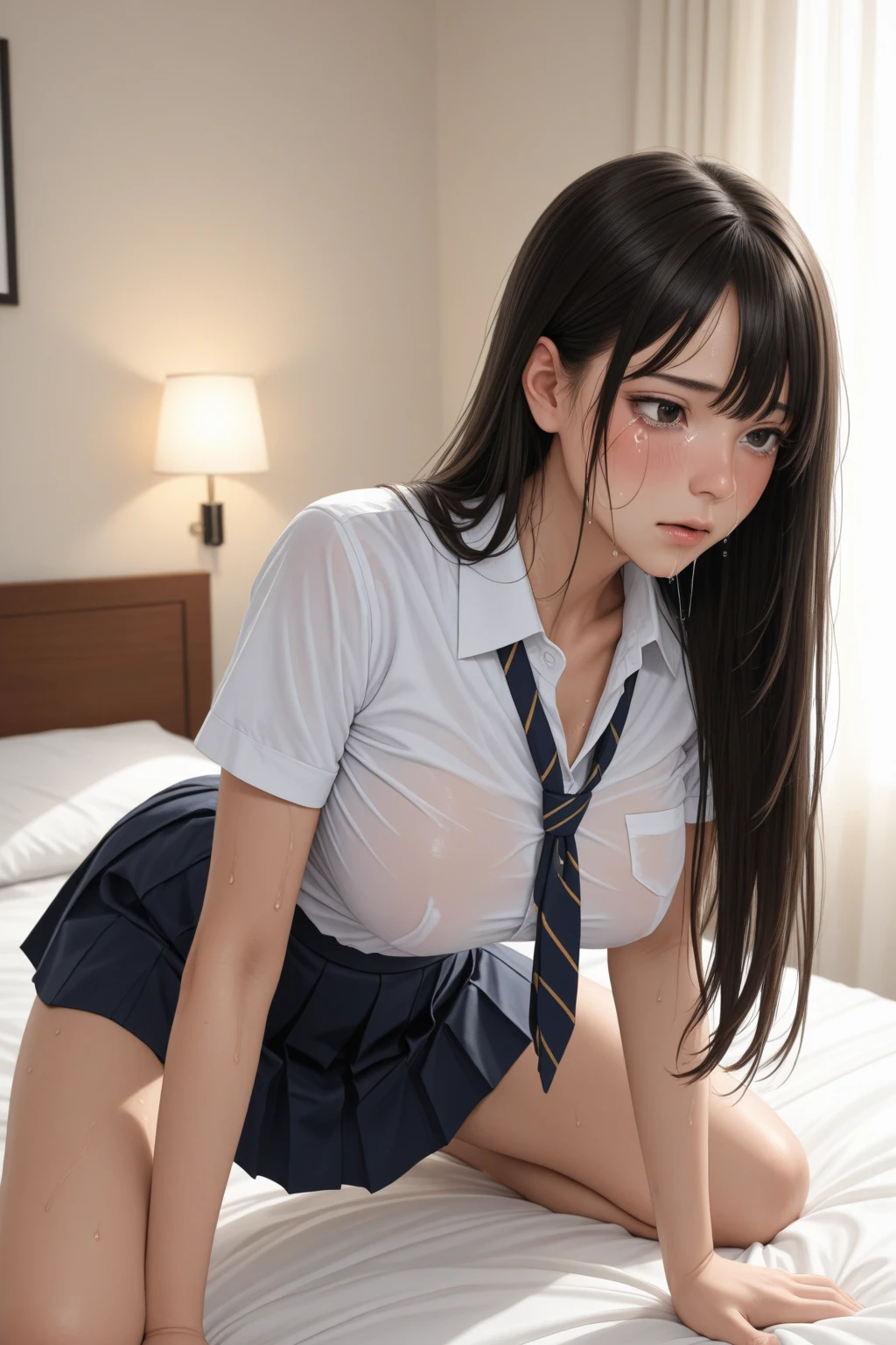 (UHD, retina, masterpiece, accurate, anatomically correct, textured skin, super detail, high details, high quality, best quality, high res, 1080P, 4K, 8k, 16k),
1boy,huge penis,
a 10yo woman,masterpiece,8K,photorealistic,realistic skin,(very long straight hair:1.2),bang,blush,(white collared Shirt:1.2),(Long sleeves,bow ribbon, , Neck ribbon, the woman wear dark blue skirt), dynamic pose, (Grieving face,furrow eyebrows,open mouth and shouting,troubled face,look up,sad face:1.2),on_bed,correct_anatomy,FULL BODY,breasts,(open shirt front of breast:1.2),missionary vaginal,spread her legs,too hairy around vagina,show her armpit,spread her hair on bed,tied up her arms by rope,too giant PENIS,crying,sweaty,tears,lying,(look up),blush,closing eyes,