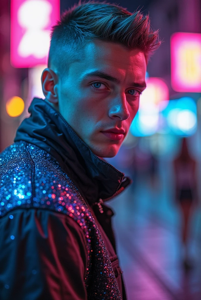 Portrait of a young man, Artistic portrait, Futuristic city, neon lights, handsome greek supermodel, Strong jaw, naked torso, toned body, greek face, handsome boy, supermodel boy, Kinematic, perfection, masterpiece, photo session, blond hair , Pale skin, blue eyes, black jacket, leather, focus on face, focus on the child, illuminated face