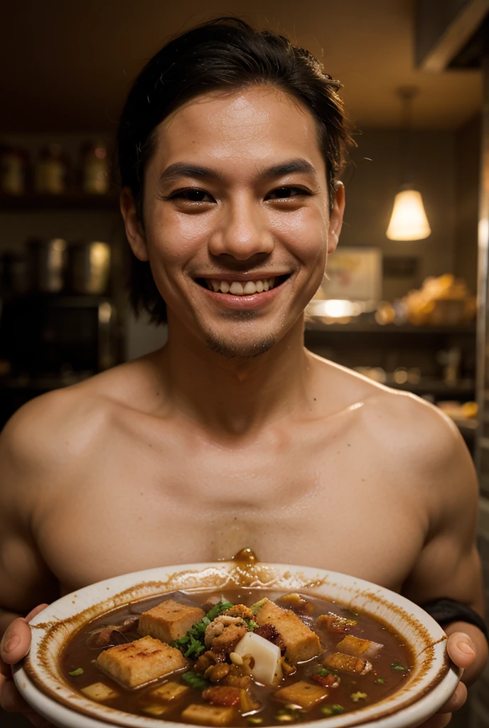 photorealistic, best quality, masterpiece, extremely detailed, masculine, sexy, homoerotic, extremely handsome, 30 year old japanese man, muscular build, big smile, setting the table, candlelit dinner, in dining room, at midnight, cinematic shadows, extremely romantic atmosphere, perfect face, perfect fingers, perfect hands, perfection