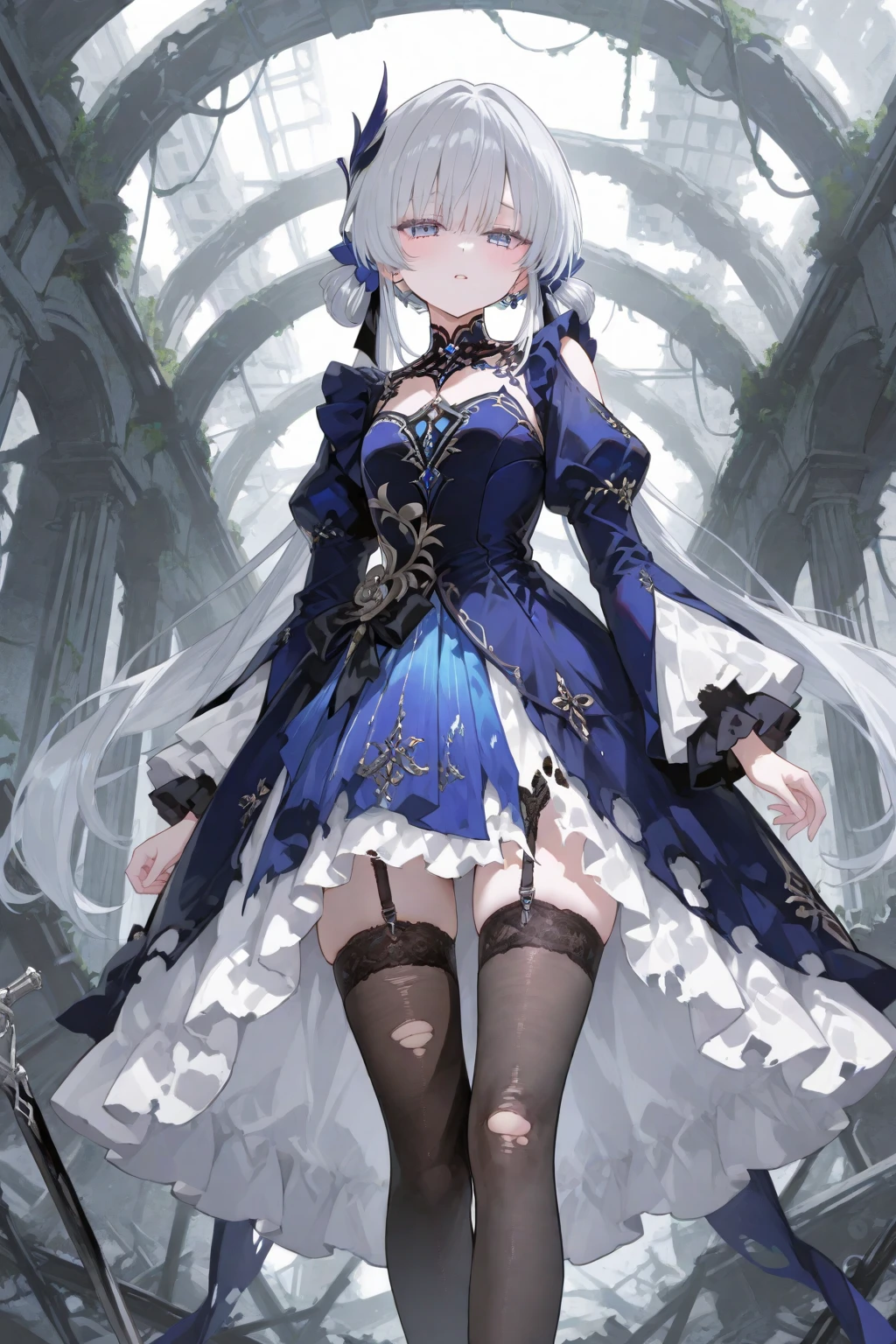 ((masterpiece:1.4,best quality)),(Super detailed),(Extremely detailed eyes),(black leggings,Shiny socks:1.5),Hello Darkness
(Cute girls),15 years old,(Blood-red pupils,Diamond-shaped pupil:1.15),Purple Eyeshadow,(elongated hair,Thick hair,Single ponytail,shiny hair:1.5)(Changes through:1.2),White skin,despair,sad,Empty eyes,tears streaming down my face,tilting its head to the side,kneel
(She wears blue armor,A blue dress,:1.5),(Black gloves:1.4)Very long plush sleeves,White,White Cloud,Dream bubbles ,Ice and glitter effects
(Black long skirt:1.1),
(dawn:1.2),
(Intense black and white:1.16),(Depth of Field:1.4),,Intricate details,(Castle in the Sky,Standing by the lake,Purple flowers by the lake),(((Huge breasts,Bare breasts,Deep cleavage)))