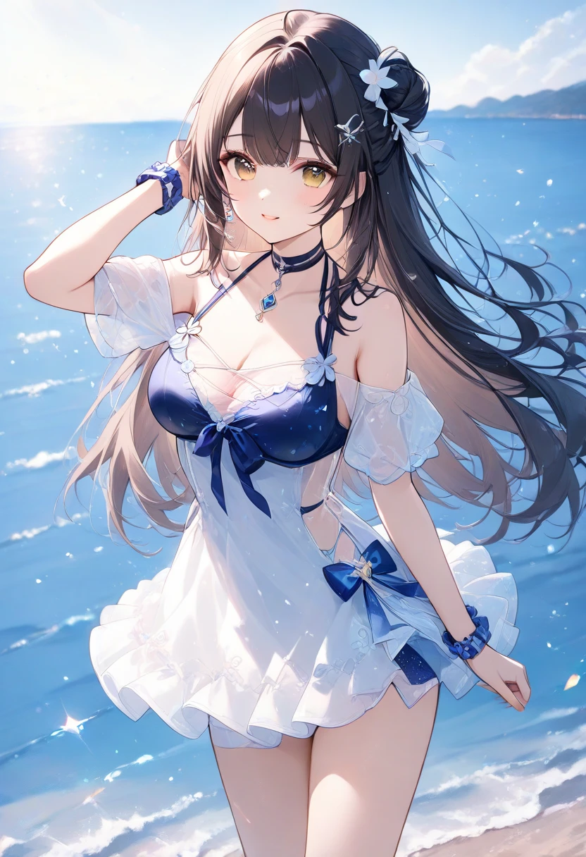 masterpiece、Ultra-high resolution、delicate、Perfect lighting、sunlight、16kbreak、1 female、whole body、lower angle、Brown Hair、Long Hair、Well-groomed face、Thick lips、blue eyes、White shirt、Belly button、Beautiful breasts、slim、mini skirt、break、Mountain、Hot Spring Town、night、full moon