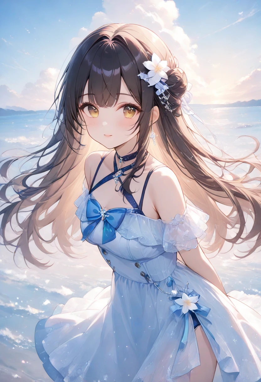 RAW Photos, Realistic, Ultra-realistic, beautiful girl, large sparkling eyes, smiling, white lace gothloli dress, standing in ocean, summer, clear blue sky, crystal clear water, flowing long smooth hair, gentle breeze, soft lighting, sun shining, 2.5D illustration, highly detailed, award-winning artwork, serene, peaceful, ethereal, Highest quality, masterpiece, Ultra-high resolution, 8K