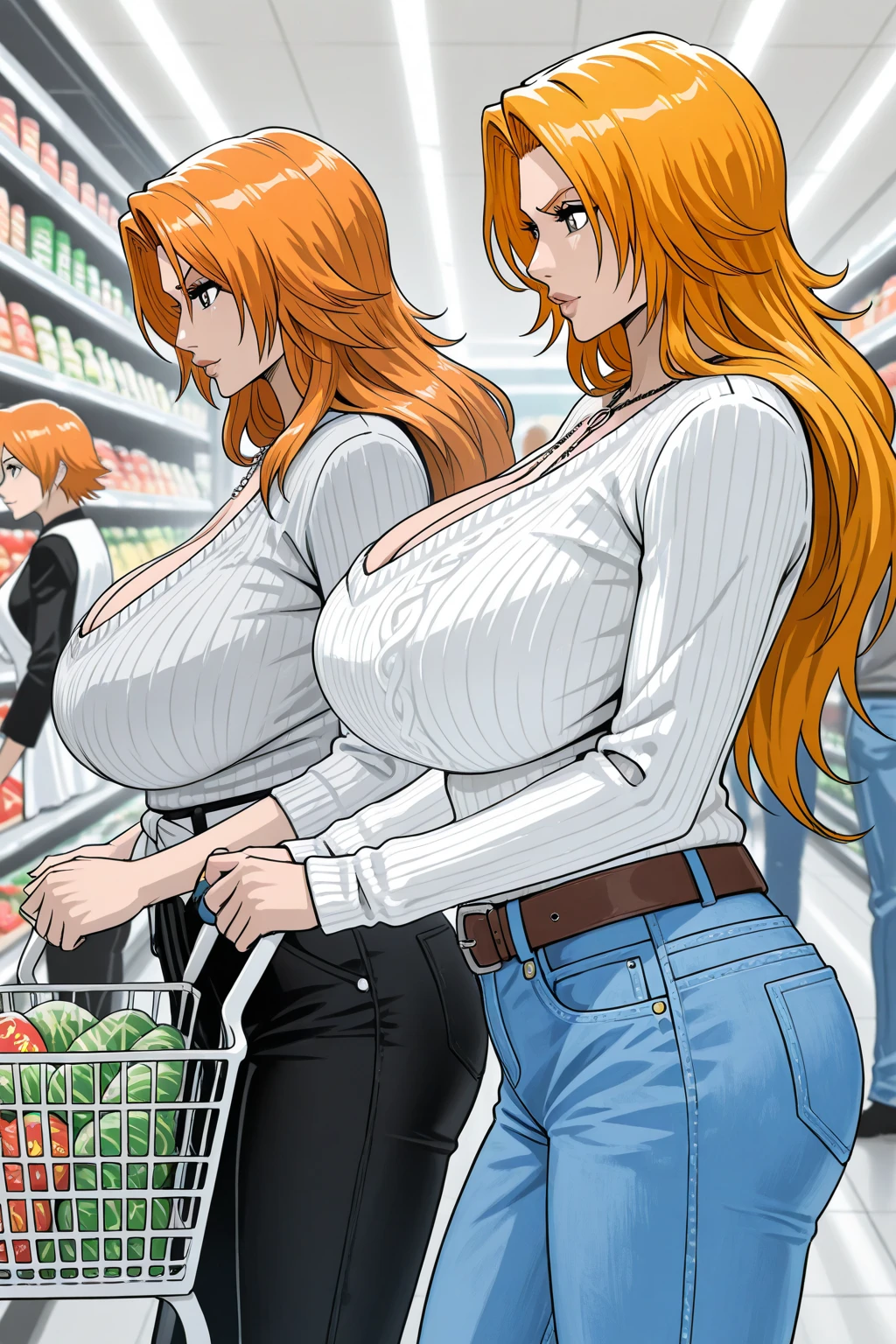 Tall, redhead, beautiful, young woman, huge breasts, long slender torso, long arms, long legs, out growing her clothes, yellow tee-shirt, blue jeans, black converse hightops, embarrassed, trying to hold her shirt down as it rises up her exposed midsection