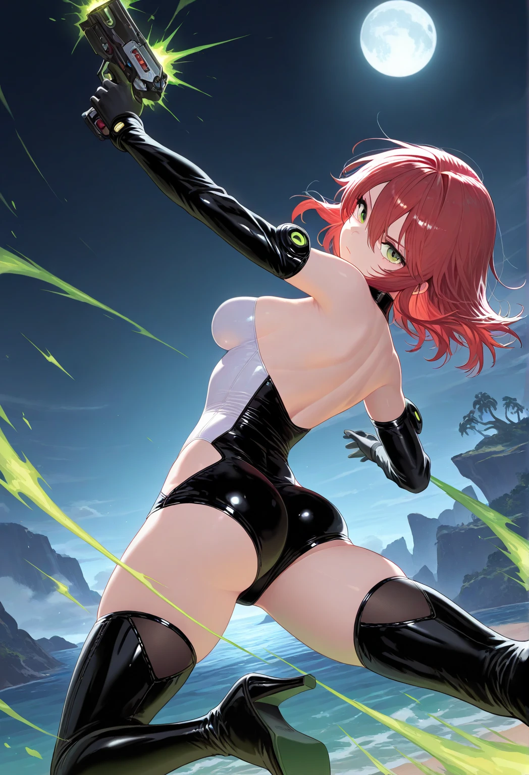 sexy lady (masterpiece),(ultra detailed:1.1),(solo:1.2),(blue eyes:1.3),(short and vibrant red hair),(round face), smile,(black swordsman costume), (black gloves:1.1),(red nose:0.5),(beautiful ultra-detailed eyes, highly detailed skin, bright and glowing skin:1,1), (fitness body),(night landscape fantasy:1.1),(Physical Rendering, Professional Lighting, Photon Mapping, Radiosity, Soft Light, Lens Reflection: 1.3), Tint Color,