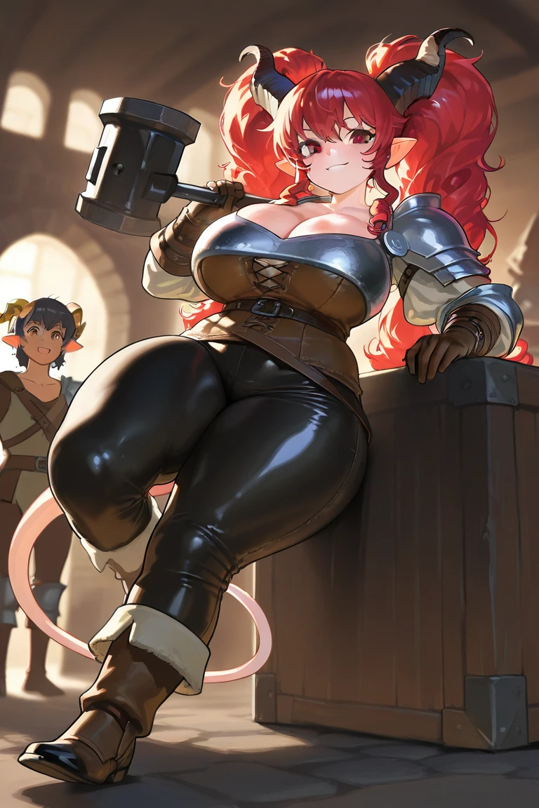 (masterpiece), best quality, female warrior, dark fantasy, huge girl, female muscular:1.2, ginger hair, curvy:1.6, (thick thighs:1.6), (((blank background))), ((full body)), fingerless gloves, long boots, sleeveless, (straight  hair), (fur top) , strapless top, (spread legs), (squatting), ((legs apart)), (from behind)