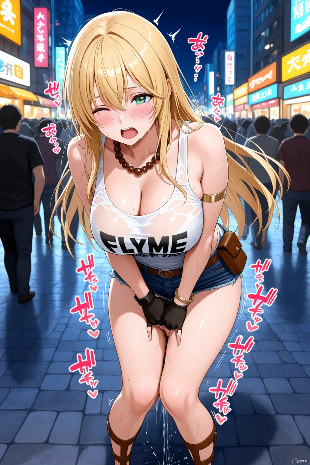 1girl, (Blue eyes), (blushing :1.2), (Sana Minatozaki), wide hips, Big tits, big ass, shiny body, (Best Quality, 8k, Masterpiece: 1.3), Clear Focus: 1.2, Perfect Body Beauty: 1.4, Highly detailed face and skin texture, detailed eyes, double eyelids, red lips, (blonde long hair :1.2), naked, nude, erection, (huge penis, huge testicles:1.1), (standing with legs open :1.2), (hands on waist :1.2), on the streets of a Japanese neighborhood
