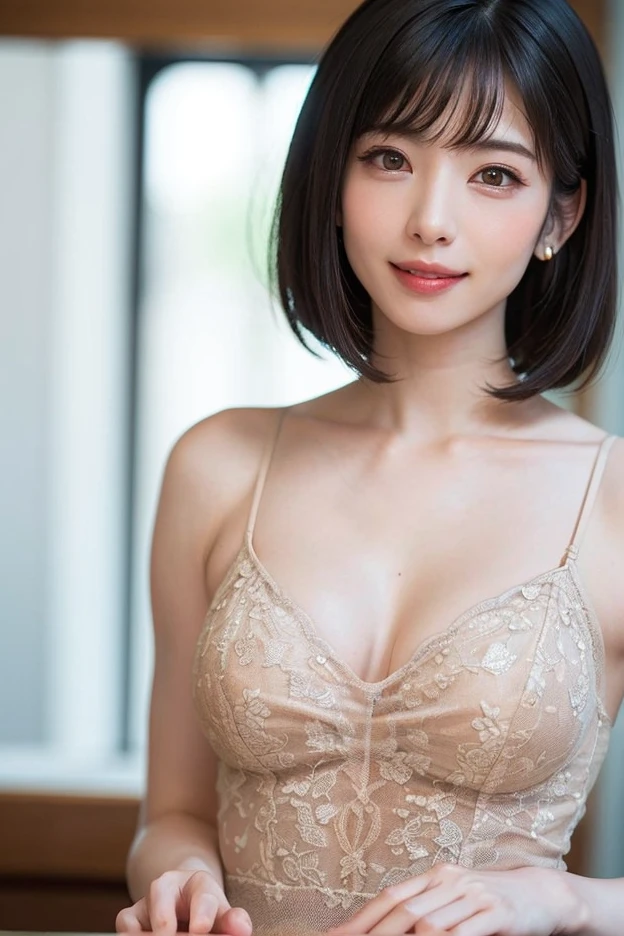 (Ultimate Masterpiece、 top quality、Ultra High Resolution、 face focus focus 、Focus on the side、neckline、Very attractive beauty、add strong highlights to the eyes、look closely at the camera:1.4、Really beautiful bangs:1.short brunette bob(bangs:1.4), dark haired, Realistic, staring at the audience, Pale eyes, short hair, lips, lip gloss, upper body、big eyes、Lashes、Draw the lashes in detail、cute smile、I'm having so much fun laughing)、((draw everything realistically in high resolution、very simple white sky background:2、Hyper Realistic Stick:1.short hair バング付き:1.4、Beautiful 46 point bangs:1.4、{grping|big|grping|Mega} chest:2, chestの谷間:2、big eyes、show students a very strong emphasis、very bigger chest、staring at the audience、VERY BEAUTIFUL BEAUTY、please show me your ears、 beautiful long neck 、 美しいneckline 、smile、A smilee beautiful teeth、Open your mouth and smilee))、2、very cute supermodel、perfect anatomy、(({grping|big|grpingな|Mega} chest, chestの谷間)、big boobs:1.3)、Beautiful summer background with sunflowers