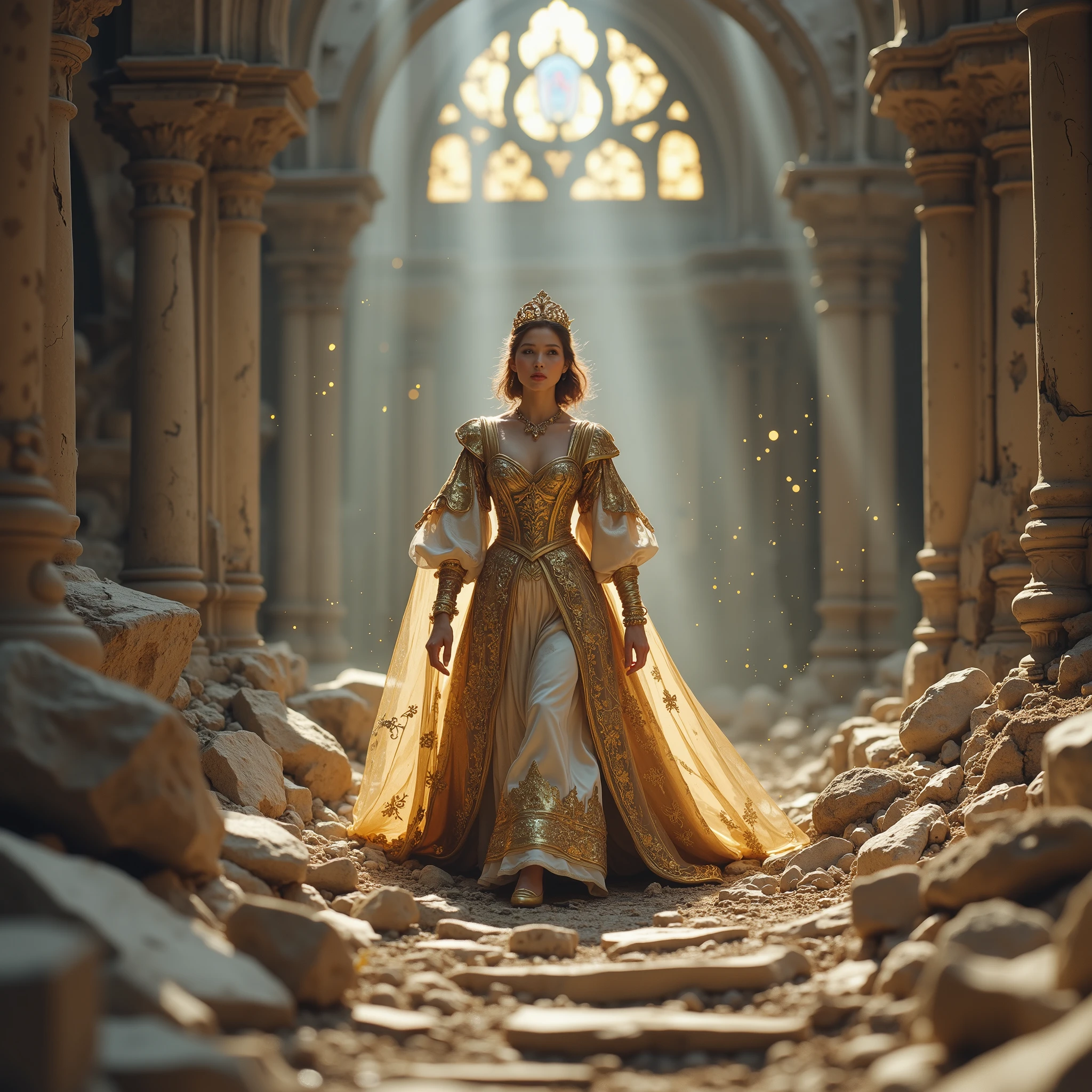 Illustration style,Tilt–shift inspired aesthetic, best quality, ultra-detailed, cinematic HDR, 4K, RAW look, painterly realism, dramatic lighting, rich textures. A regal aristocrat strides through crumbled ruins with undying grace and pride. Tattered noble garments, golden filigree, ornate accessories, glowing arcane ring. Scene composed to mimic miniature diorama effect: shallow depth of field, exaggerated scale, crisp focus. Post-apocalyptic backdrop with crumbling cathedrals, shattered stained glass, dust particles in volumetric light. Visual irony and narrative tension — elegance survives collapse. Inspired by fashion editorial meets mythic ruin