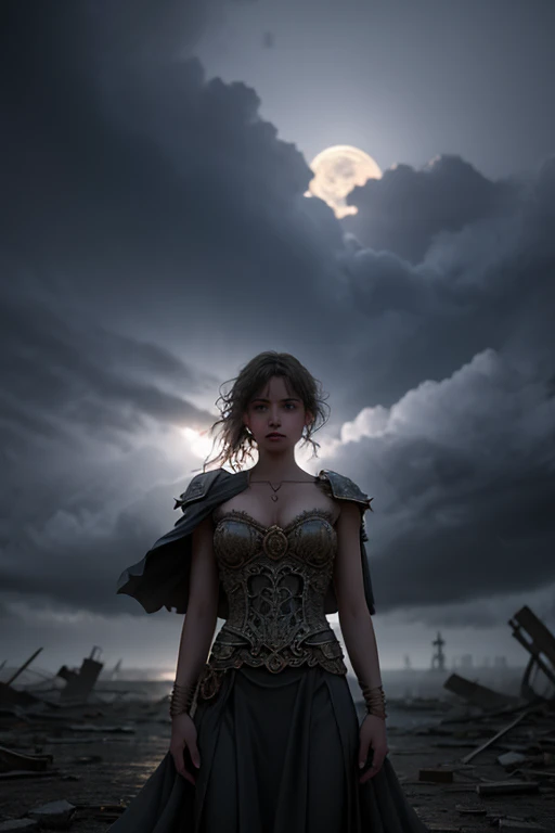 Masterpiece, High Quality, Super Detail, High Quality, Depth of Field, Beautiful Detailed Glow, High Resolution A medieval portrait of a beautiful girl in a city, with a dark, smoky atmosphere and dramatic lighting to evoke a mysterious cinematic feel. Elements such as collapsed buildings, debris and contrasting lighting are included to enhance the sense of destruction and mystery, and the view from afar. Sea of sunset light reflection, the scene appears from afar, the girl's entire body appears, dark clouds, thunder and lightning flashing in the sky