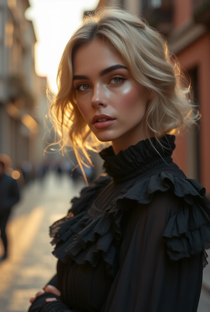 Cover photo of a 25-year-old European woman, Pointing at the camera, cheveux blonds, serious, (Amazing Skin Details: 1.4), (peau naturelle: 1.2), (Pores: 0.6), Maquillage, (detailled eyes: 1.2), fond vert, studio, Lighter edge, (Bokeh: 1.2), Photographie, cinematic, Fotorealistisch, ultrarealistic, fille en forme, Robe moulante, Silhouette parfaite