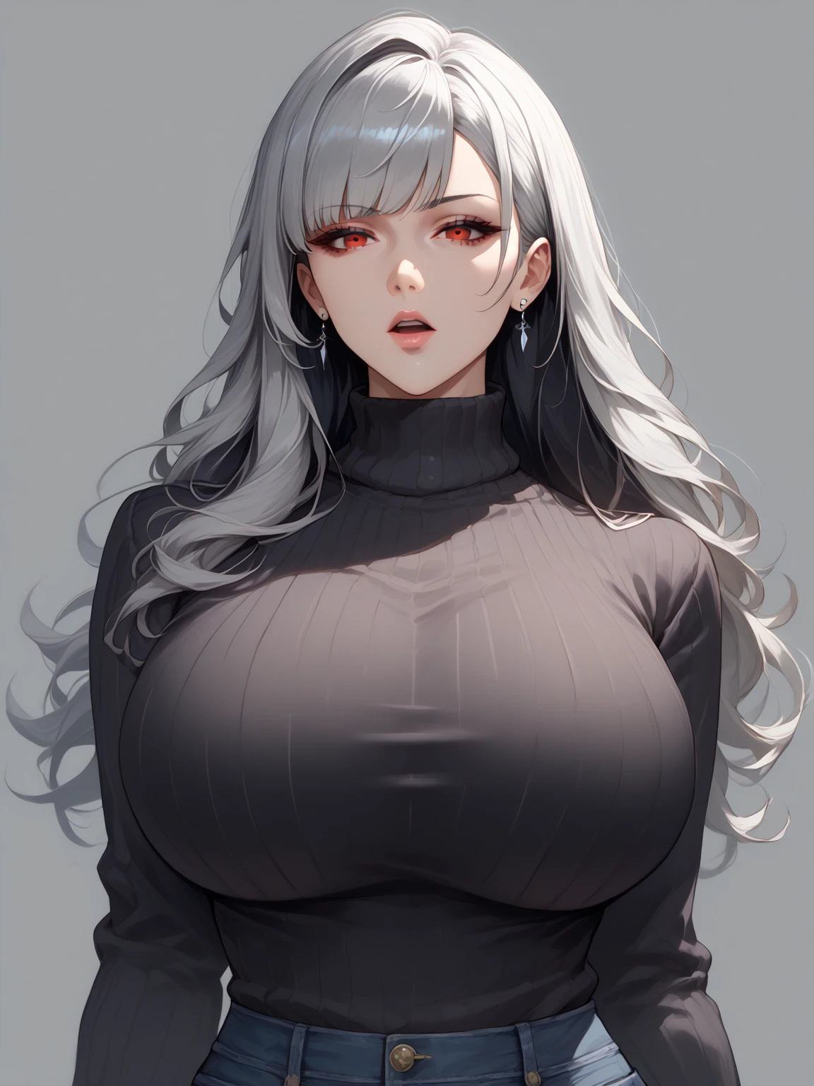 One woman ,long wavy hair ,red lipstick,sharp jawline,face makeup,mole under right eye, hoops earrings, perfect mature body,cleavage, turtle neck Black sweater,pants,grey hair, purple eyes,legs,