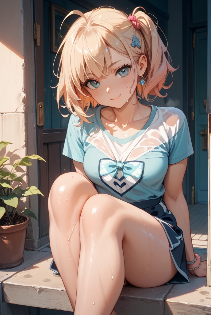 One person, squat, Place your knees together and spread your legs, Lower Body, Boldly show underwear, Striped underwear, Pink underwear, Shooting from below, Inflate your waist++, Large Breasts , Cinematic ,Beautiful flower field, (one piece:1.2), Lower Bodyを閉じる,Backlight,Shiny Hair,Realistic meat,Stylish hairstyle,Fashionable clothes,Stylish panties,Stuffy crotch,The bite is obvious,Panty wrinkles,Cleavage、The bite is clear,Dark skin,