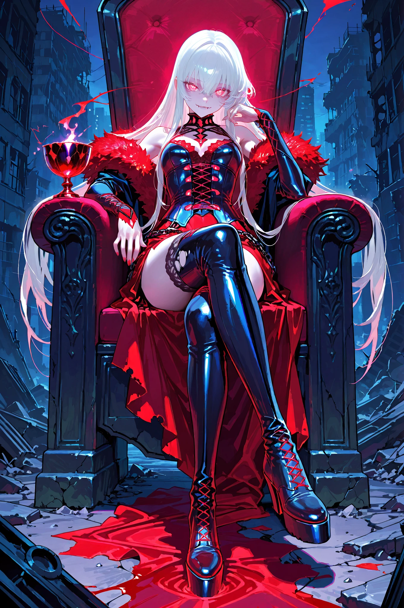 Long white wavy hair and blood-colored eyes, Tall, Sexy elegance ，blacksilk ，high-heels，Teasing expressions，spread thighs，Expose cleavage，Moles under the eyes，putting makeup on，highly detailed character，round and smooth bare legs，8K，best qualtiy，Many-Layer Textures、Albedo e mapas Speculares、Surface Coloring、Accurate simulation of light-material interactions、Perfect body proportions for the whole body
HDR（HighDynamicRange）,Ray traching,NVIDIA RTX,PBR Texture、post-proces、Anisotropy Filtering、depth of fields、maximum definition and sharpness、