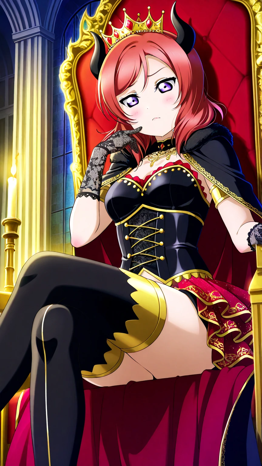 rias, solo, long_hair, breasts, looking_at_viewer, smile, red_hair, large_breasts, ahoge, gloves, dress, cleavage, bare_shoulders, sitting, very_long_hair, blue_eyes, collarbone, choker, elbow_gloves, crossed_legs, long_legs, crown, head_rest, yellow_dress, throne, high_heels, black underwear, from_below