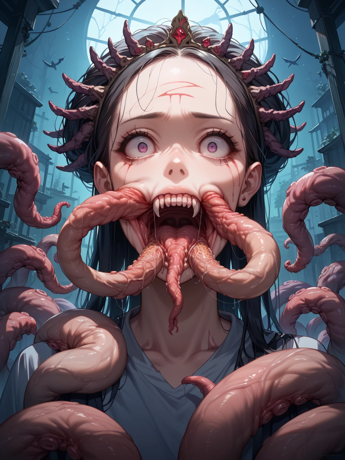 by Personalami. young woman. Piercing the inner ears, creeps in the head, disgusting parasitism in the head. tentacles. face in agony, bakes, It hurts a lot, blood from ears, blood from eye sockets, disability, corpse, destruction of the inner ear, cums inside ears. (Head rape:1.4)