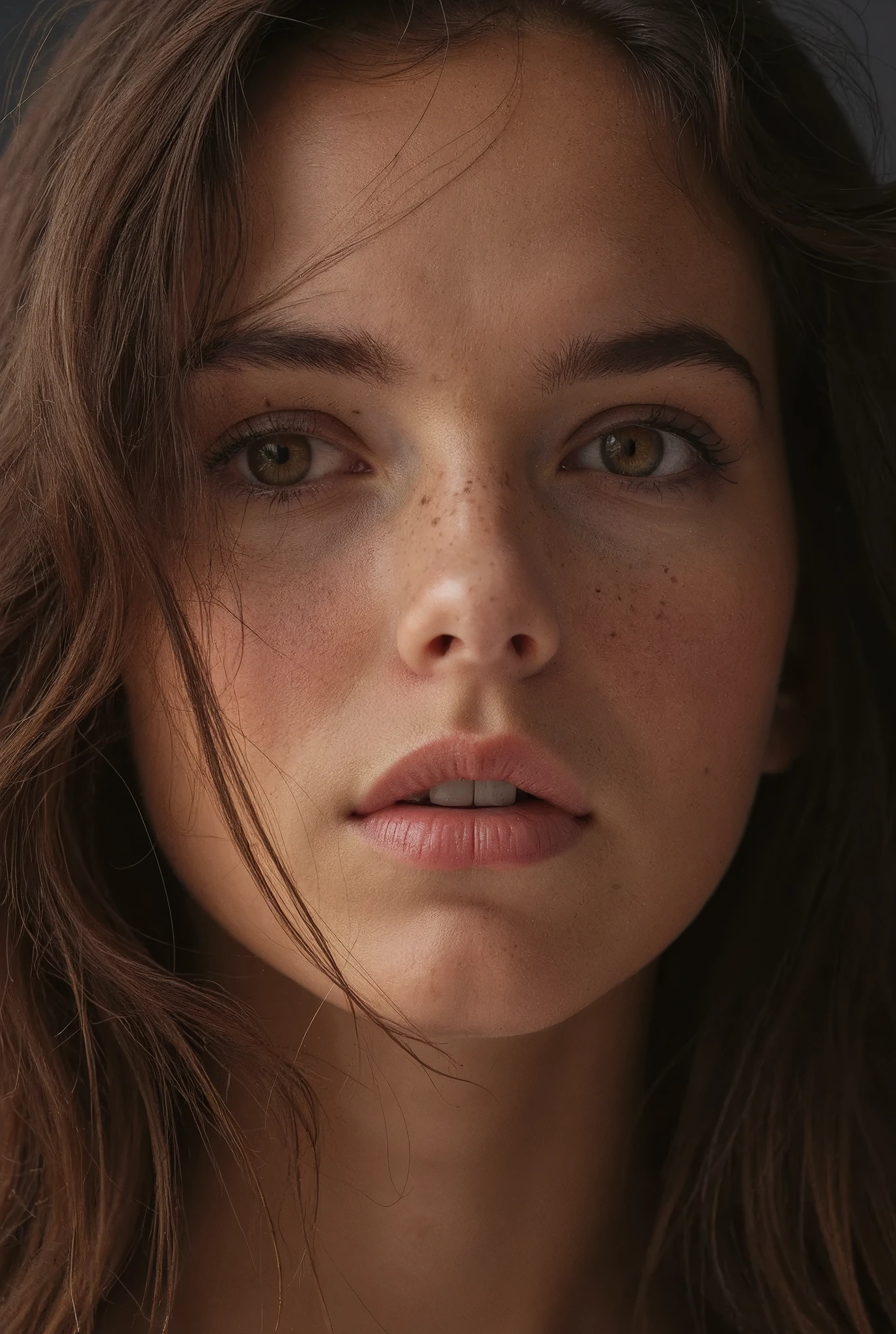 19-year-old girl, hazel eyes, long hair, small rounded nose, square face, straight bushy eyebrows, medium to olive skin color, oval lips, thinner upper lip, closeup, muy realista, 16k, piel texturizada, obra de arte, muy premiado