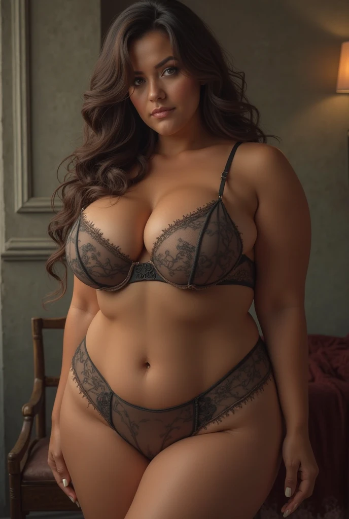 Woman in a black lace bralet and black panties posing for a picture, curvy model, soft curvy shape, curvy body, beautiful body and face, voluptuous body, giant stunning goddess shot, beautiful curves, beautiful curvy female, beautiful body, thick body, beautiful thick female, long dark redhair and a perfect body, thicc, sexy girl