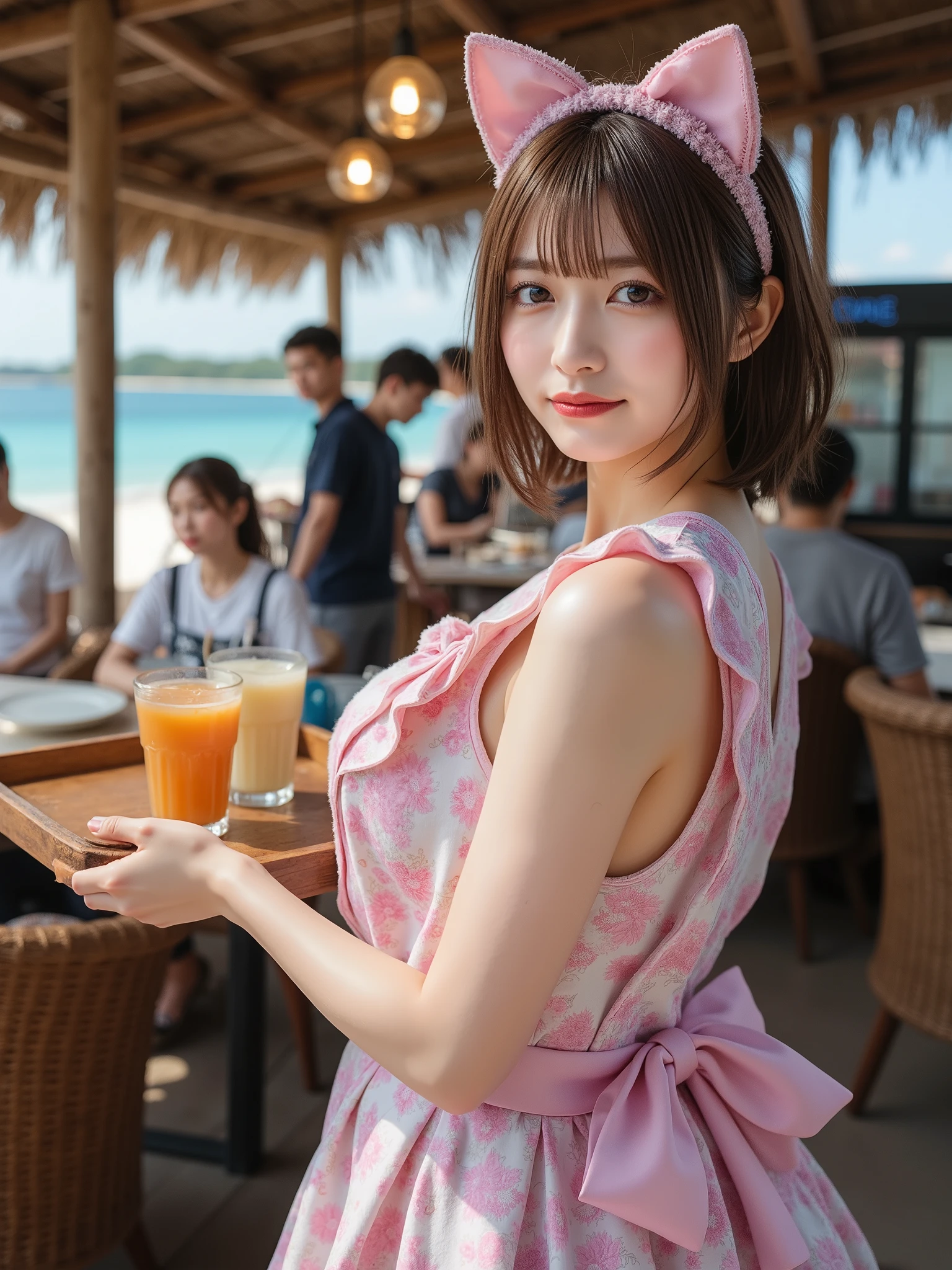 a woman with long wavy pink hair, beautiful detailed eyes, beautiful detailed lips, extremely detailed face and skin, long eyelashes, large breasts, blushing, wearing a white flower print bikini, standing in a gravure pose with an open mouth expression, surrounded by a crowd of people and food stalls, realistic, hyper-realistic, detailed skin texture, crinkled smile, aperture value f1.8, high quality, masterpiece