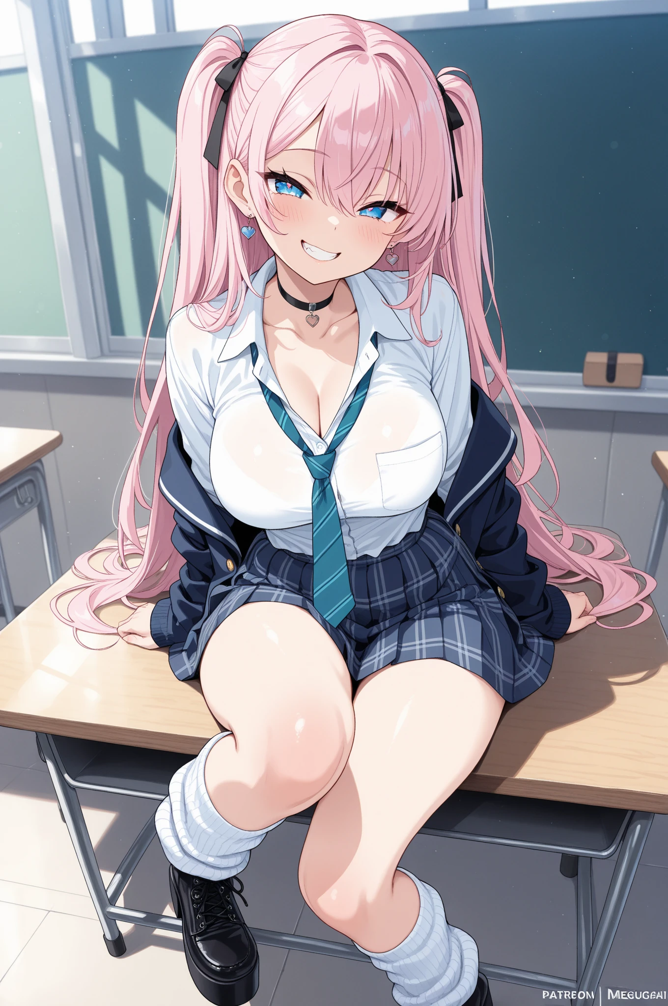 (masterpiece、highest quality、Super detailed)、((One girl))、((Pink Hair))、((Twin tails))、((Light blue eyes))、evil smile、((Grin))、steam、Earrings、((Very large breasts))、((White shirt))、((pink cardigan))、((Black pleated skirt))、((white buggysocks))、Sit at a desk、Classroom Background