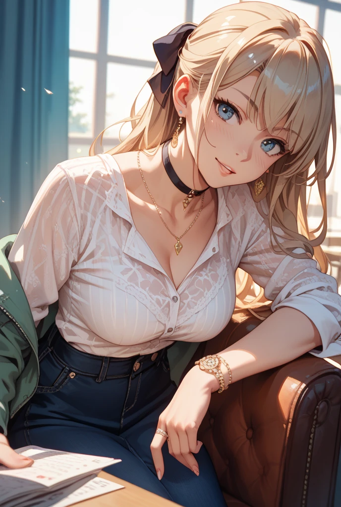 (masterpiece:1.2, top-quality), (realistic, photorealistic:1.4), beautiful illustration, (natural side lighting, movie lighting), 
looking at viewer, cowboy shot, front view:0.6, 1 girl, japanese, high school girl, perfect face, cute and symmetrical face, shiny skin, 
(long hair:1.8, side ponytail:1.7, light blond hair), parted bangs, emerald green eyes, long eye lasher, (large breasts:0.9, thick thighs), hoop ring earrings, 
beautiful hair, beautiful face, beautiful detailed eyes, beautiful clavicle, beautiful body, beautiful chest, beautiful thigh, beautiful legs, beautiful fingers, 
((white collared shirts, open shirts, sleeves rolled up, navy pleated mini skirt, loose socks, hair ornament), shocking pink bra and panties, cardigan around waist), 
(beautiful scenery), evening, shibuya street, (walking, holding a phone), (lovely smile, upper eyes, open mouth), 