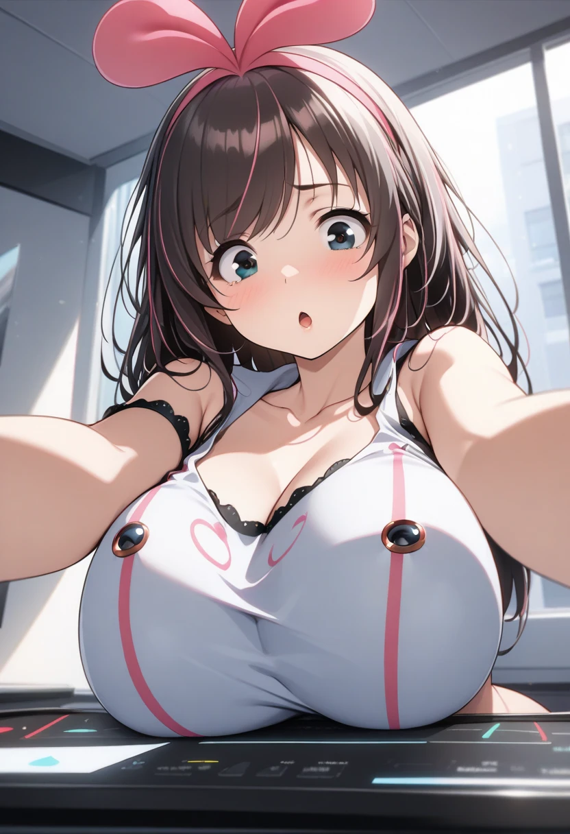 Smile, blush, cleavage, ,brown hair, red eyes, red fingerless gloves, white tank top, glowing aura, natural light, masterpiece, Tifa Lockhart, glossy skin, juicy lips ,long hair, cute, kawaii, adorable, reaching up, adult, big boobs, ass, bed sheet, beret, black gloves, black pantyhose, blue headwear, blue jacket,