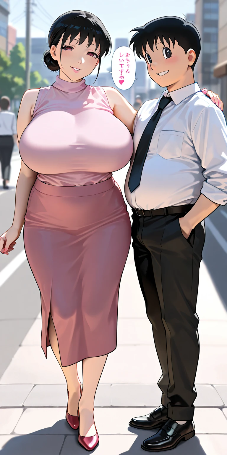 Beautiful woman 25 years old, not very high, long curly light blonde hair, Thin waist, big tits, well-shaped and large hips. She wears a secretary uniform, She is walking next to a fat, bald old man., romantic, Street, evening