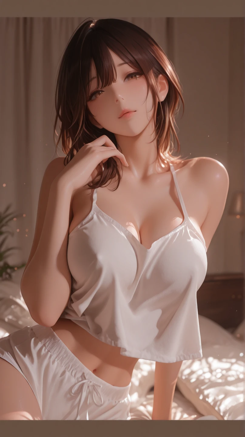 (masterpiece:1.2, highest quality), (Realistic, photoRealistic:1.4), Beautiful illustrations, (Natural Side Lighting, Cinema Lighting), 
View your viewers, whole body, 1 girl, Perfect Face, Cute and symmetrical face, Sunburn, Shiny skin, 
(Straight hair:1.4), Hair on one eye:1.4, Emerald green eyes, Long Eyelashes, (large breasts:1.2), (wide hips:1.5),Pink Eyeshadow,
Beautiful Hair, Beautiful Face, Beautiful fine details, Beautiful clavicle, Beautiful body, Beautiful breasts, Beautiful thighs, Beautiful feet, Beautiful fingers, Detailed Background,(thin strap camisole: 1.5), (white silk camisole:1.3), night camisole,(side tie,white lace panties),nsfw