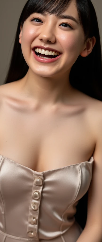 An Japanese woman in a black tank top, with the close-up focusing on the contours of her shoulders and breasts, showing the softness and delicate glow of her skin.