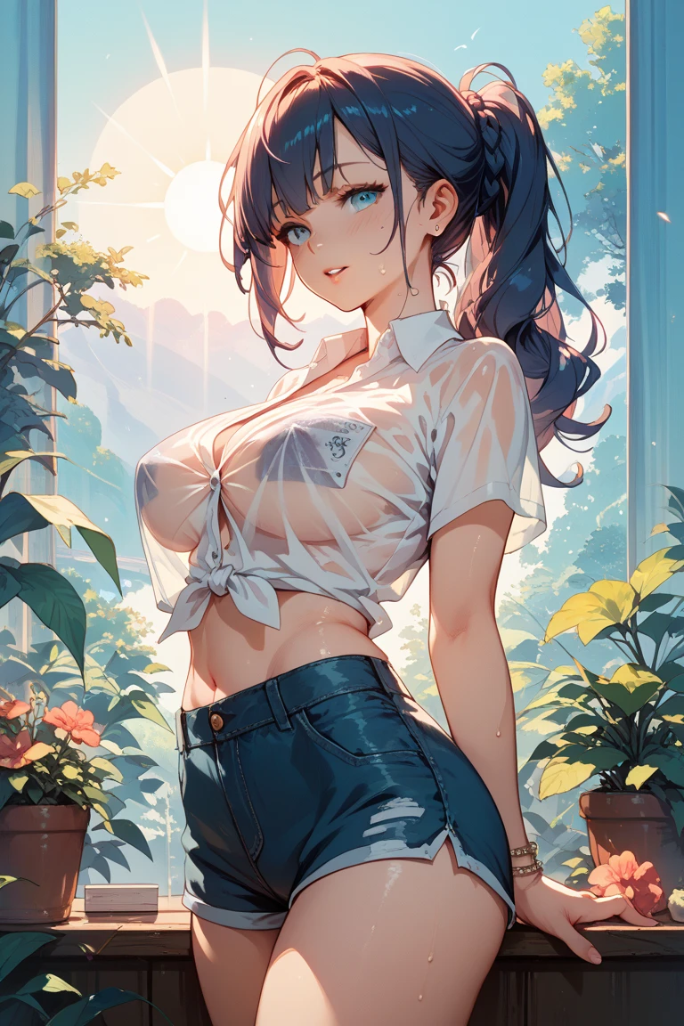 masterpiece、、1 female student、(((Missing arm,Bare arms,black short sleeves)))White cloth bun、Shoulder leakage、chubby、Smile、(((、Lace、)))pale pink lips、posing at school,(Soaked),legs are open, solo, White Polo Shirt, looking at the audience, (Thick thighs:1.0),It's raining,Red eyes, Blushed,blunt hair,flower headdress,lawn,hands on hips,creek,black hair,Denim shorts,Open denim vest
