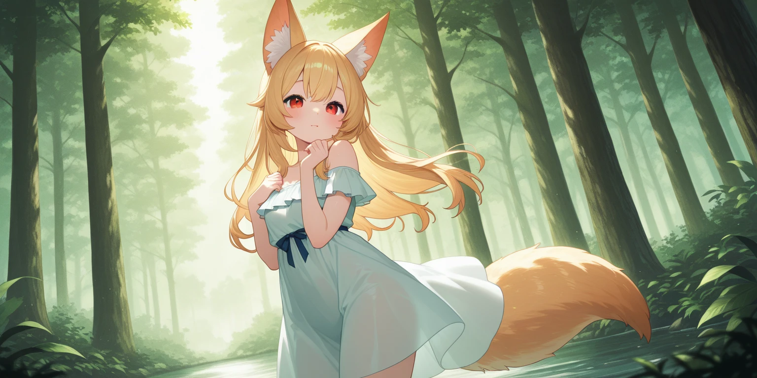 masterpiece, best quality, highres, bbrurufu, animal ears, long hair, orange hair, hair ornament, blue flower, fox tail, blue ribbon, white dress, cleavage, clothing cutout, long sleeves, <lora:hizuki_rurufu_v1:0.7>, reaching out, smile, open mouth, outdoors, cowboy shot,
