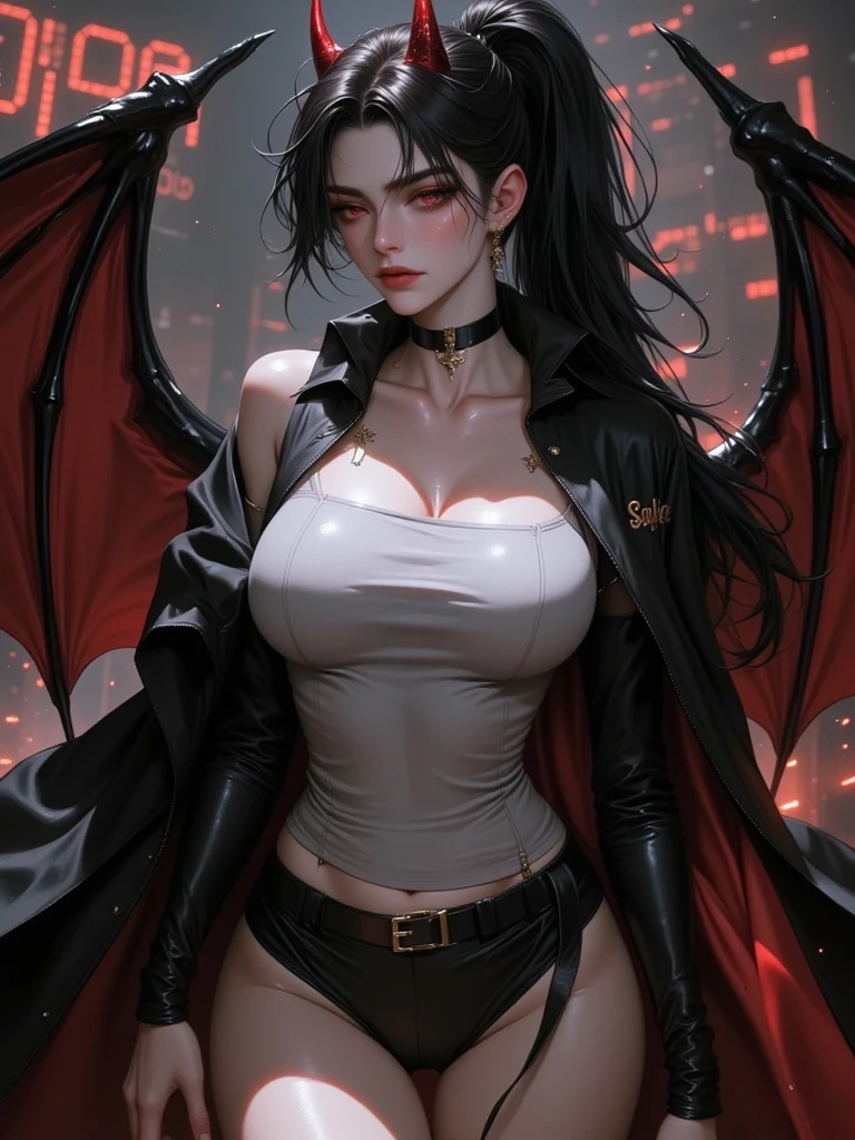 Fine、(The best illustrations)、8k UHD resolution、intricate-detail、top-quality、realisitic、ultra-detailliert、The best lighting、Best Shadows、Soft lighting、Ulutra HD、1 beautiful devil woman from hell, surreal female portraits by David Hockney and Alphonse Mucha, Fantasy Art, Chinese Doll、Dungeon and Dragon、Devil's Palace、Devil's Torture Chamber、magia、 A Necromancer、natta、Dark style、Succubus、Devil's Daughter、Bat Wings,(((Demon Horns)))、((((black-rimmed round glasses))))、(((Colossal tits)))、(Devil's Tail)、(red eyes glowing:1.6)、 intricate tattoos, demonic intricate tattoos, thigh tattoos, body tattoos, masterpiece、beautiful countenance、Muscular seductive body、The enchanting body of the devil、Seductive Black Magic Costume、A shiny red snake is wrapped around her hand、Tindall Effect、photos realistic、(High Detail Skins:1.2)、 (Intricate details, makeup, pureerosface_v1:0.5), (Detailed beautiful delicate face, Detailed beautiful delicate eyes, A perfectly proportioned face, High detailed skin, Detailed skin, best ratio four finger and one thumb, arms below breasts, Tattoo with a red glow under the stomach、Awesome awesome, wide hips, smooth midriff, skiny and thin, __Fashion__, __hair__:1.25)、Digital SLR、hightquality、a picture、hight resolution、 absurderes、Ponytail distortion、女の子1人、Red sparkling gemstone necklace、jewely、Beautiful expression、Body Up、Large breasts emphasis、Toned waist、Wide buttocks、Devil's Tail、intricate tattoos, demonic intricate tattoos, thigh tattoos, body tattoos, effect、Photorealsitic、(High Detail Skins:1.2)、In the Dark, lowkey, cowboy lens, (Black Phoenix Dress: 1.0), Seductive Black Magic Costume、Long hair, Black hair, Bust, Devil's Palace, devil crown, red eyes make up very sharp and detailed, The most beautiful face, Super tight breasts, Breast augmentation surgery, The breasts are very big and round and round, Black magic costume、Super realistic , Charming smile, The eyes are very well made up, ((Red Eye:1.0)), guweiz, devil style,Muscular seductive body、 wearing black m
