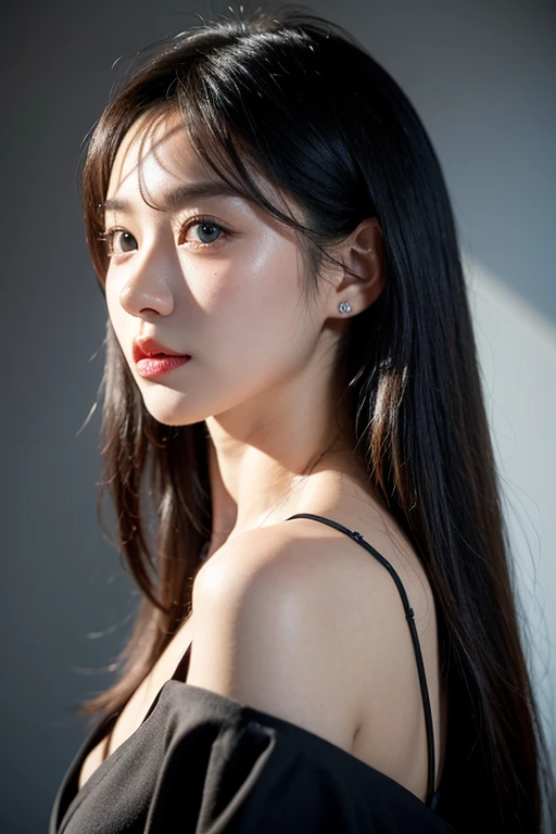 1girl,solo,black hair,realistic,lips,masterpiece,best quality,Solid background,skin texture,Camisole,