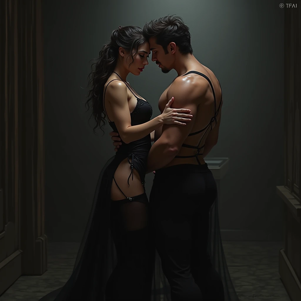 Create a scene where inside a room a fair, smiling and beautiful Indian woman in black satin salwar is carrying a large man on her shoulders, man is sitting on her shoulders , dynamic lighting
