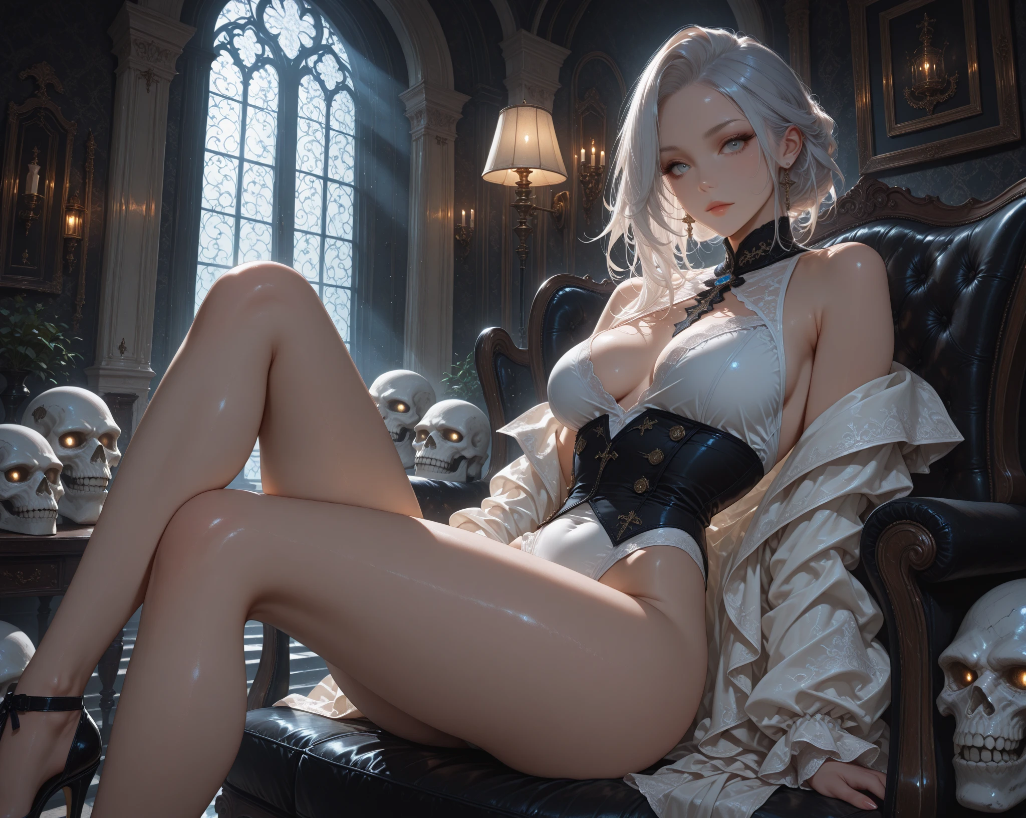 (best quality:1.6), (masterpiece:1.2), (realistic:1.4), taller slim woman, (hair over one eye:1.3), (mekakure:1.3), (asymmetrical hair:1.1), (silver hair:1.2), (dark eye makeup:1.3), (Dark black eyeshadow:1.3), (handsome face:1.3), (brown skin:1.4), (tanned skin:1.4), (bronze skin:1.4), (mahogany colored skin:1.3), gorgeous eyes, many piercings, toned abs, half-closed eyes, (open legs:1.1), (knees up:1.2), (staring at me:1.2), provocative sadistic smile, arm to head, front open shirt, unbuttoned to the belly, confident expression, bare foot, bare legs, luxurious bedroom, dynamic pose, cinematic angle, Detailed drawing, perfect ???????, (High Resolution), (high detailed skin), ((top-quality)), ((High Definition)), high quality shadow, mostly cloudy sky, detailed background, ((Unbeatable masterpiece)), Maximum clarity and sharpness, Multi-layer Textures, Post-Processing, Anisotropic Filtering, octane render, two-tone lighting, professional photography, Realistic portrait, White balance, Long Exposure, Low ISO, 8K RAW, perfect hands, detailed fingers, Ray Tracing, Depth of Field, (((Photorealistic))), anatomically correct, (((Best Quality))), (((Super Detail))), (((UHD)))