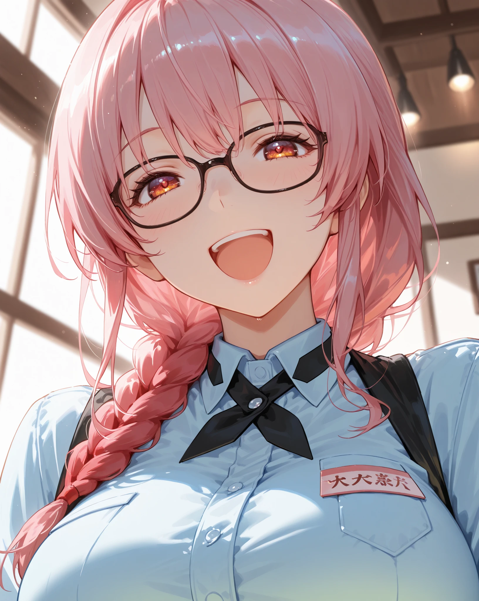 Imagen estilo anime NSFW de una chica anime de cabello corto y rosa que usa lentes y viste un uniforme de colegiala muy ajustado y esta levantando su falda y mostrando sus bragas