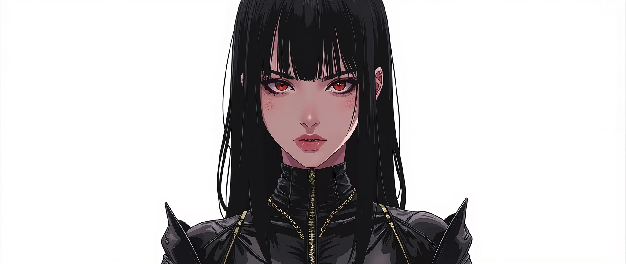 masterpiece, latest, very aesthetic, A very beautiful 28-year-old adult woman, sexy body, gothic, long hair, with semi-parted bangs on the side, straight hair with cyberpunk style, black hair, she is wearing a leather outfit with metallic adornments, cyberpunk gothic style clothing, black and red "Assassin's Creed" style clothes, gothic style, [[she is wearing futuristic combat boots]], she has black hair, with anime features similar to the anime 'Blame' 'Castlevania' 'Berzeker', -- high quality image, 32k, adult style anime, reminiscent of 90's anime. 3 tones, 90's anime colors, defined and striking features, serious look, high resolution, 3 color tones, cell tone, high contrast, no gradient, FRONT VIEW [[[SHE IS FRONT]]] , [[Full body]] [[Image showing her full body from head to toe]] [[Full body]]] , masterpiece, high resolution, anatomically correct, high quality, anime style drawing anime style drawing 'blade&soul'. anime lines, rendered in anime style [[White background]]