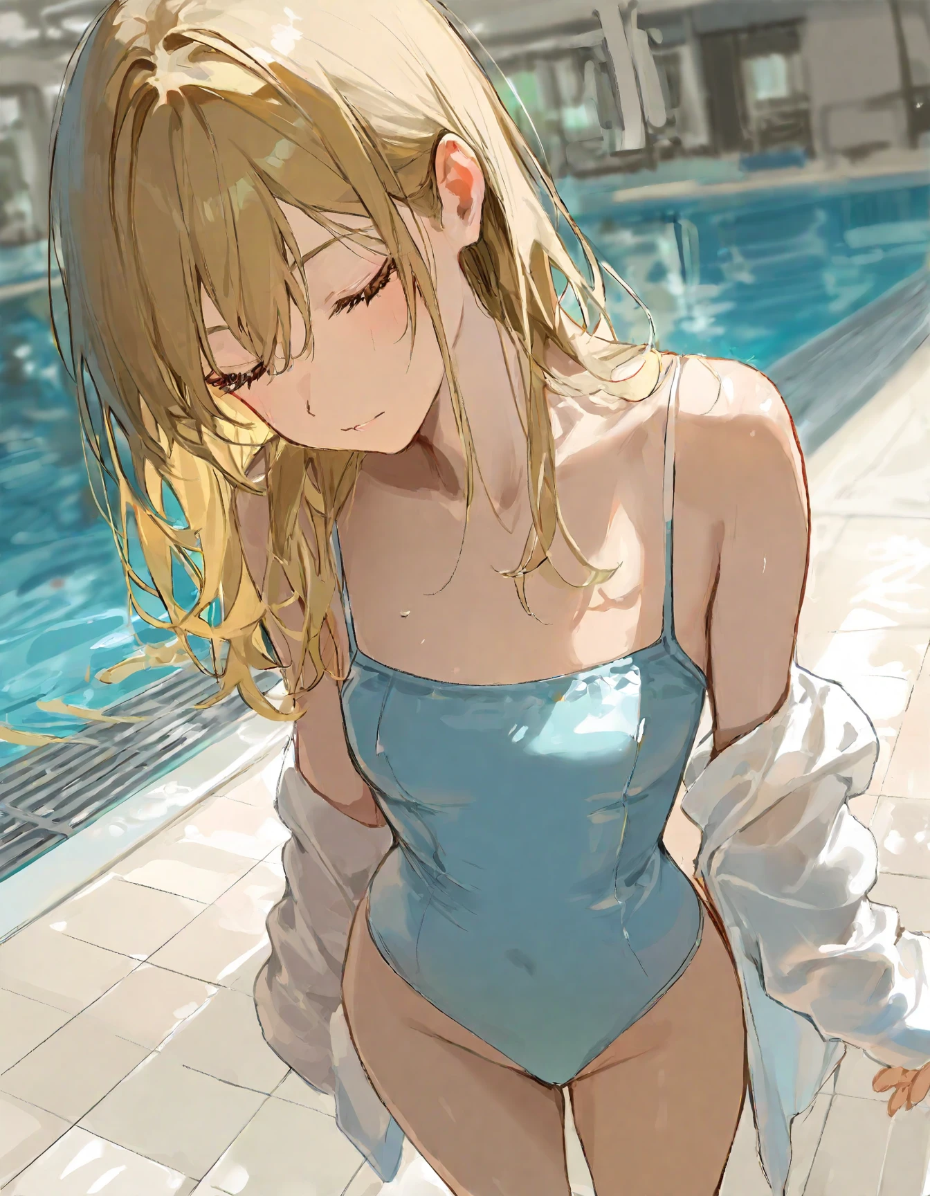Random pose、school swimwear、Acme Face、Random pose、, Pale red eyes、Semi-long hair、Chestnut Hair、Sandy Beach、、、nsfw、Highest quality、1 girl、solo、Ocean、Sexy pose、Random pose、Blushing、Wet、Embarrassed、I can see half of my 、、One piece swimsuit、(Strap slip:1.3)、School Swimsuit