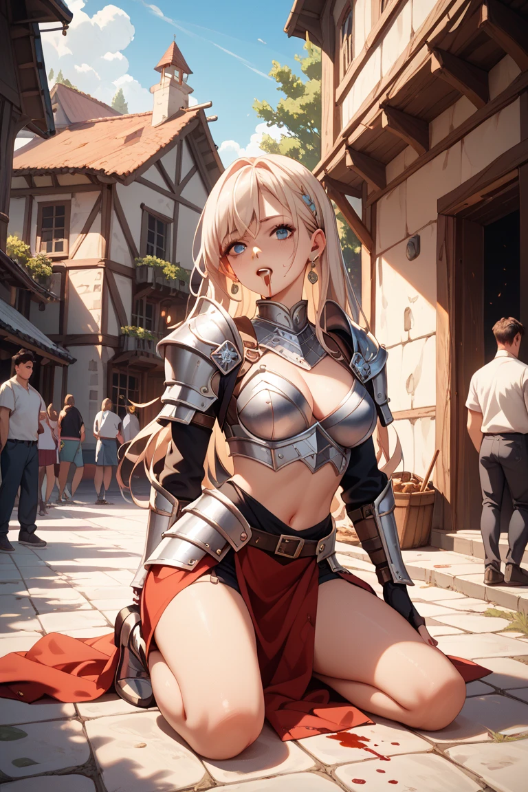 ((masterpiece, highest quality, Highest image quality, High resolution, photorealistic, Raw photo, 8K)), ((Extremely detailed CG unified 8k wallpaper)), (huge stunning goddess shot, very hot and sexy, jaw-dropping beauty, perfect proportions, beautiful body, slim body beauty:1.4), arafed woman in armor holding a sword and shield, portrait of a barbarian female, north female warrior, a very beautiful berserker woman, north adult female warrior, female barbarian, female warrior, portrait of a barbarian woman, barbarian warrior woman, very beautiful female barbarian, barbarian class, portrait of a woman warrior, rpg portrait concept art, (beautiful warrior, holding short sword and small shield, Wearing a red scarf, leather armor:1.2), (blonde hair, blue eyes, dark skin), (amphitheatre, Fighting while being watched by the crowd, motion blur), (Combat stance, viewed from above:1.2),Nipples are visible、Completely naked