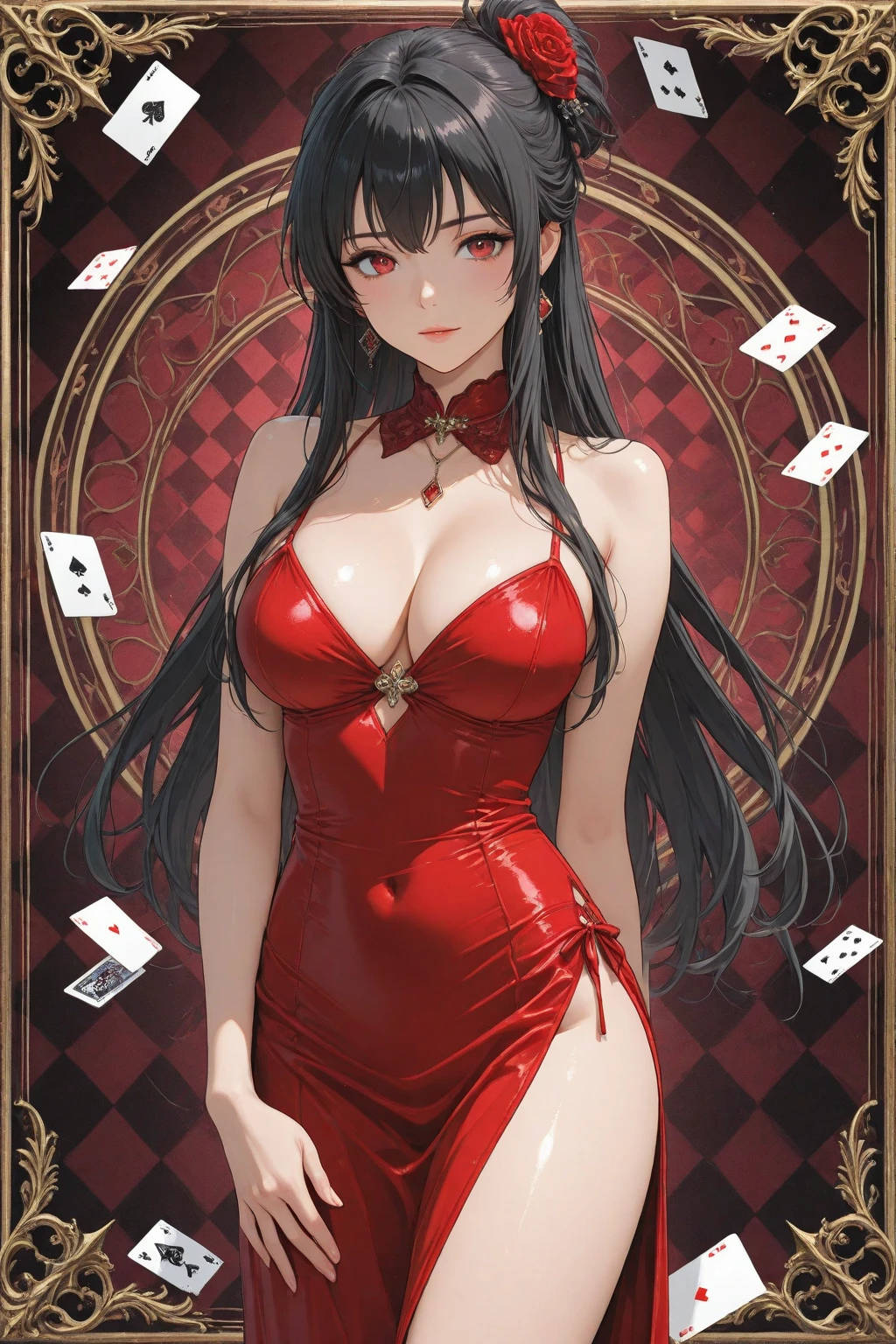 wonderland woman, Red and black pattern dress, Long black hair, green eyes, Long black gloves, Long red boots, Black bow tie on her back. holding red heart poker cards in hand