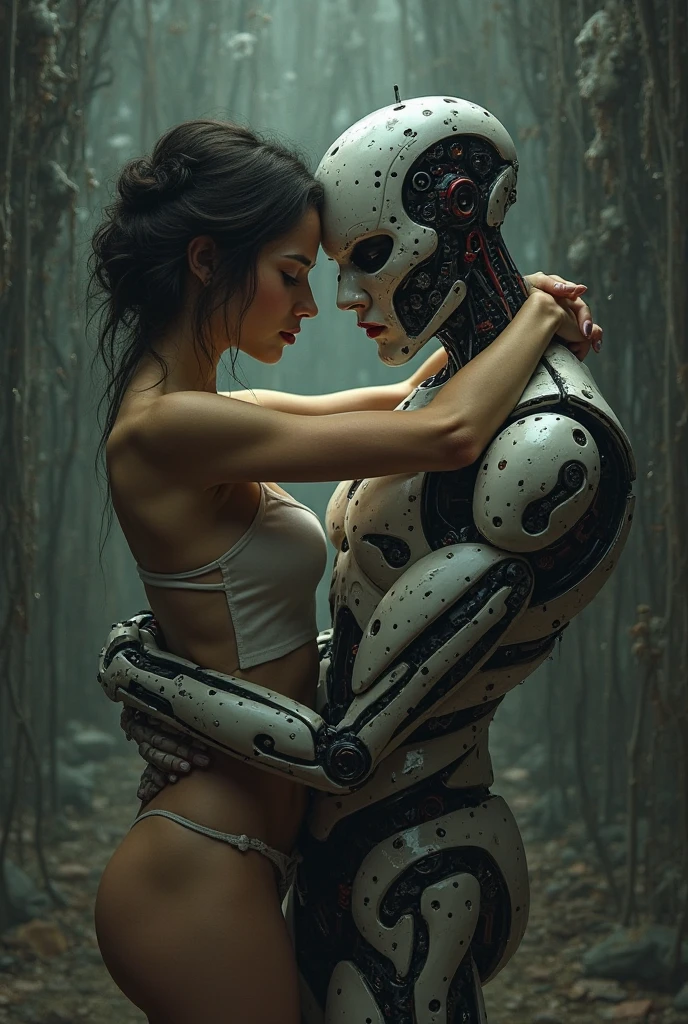 Sexual relationship between a male cyborg and a female cyborg on the roof of a skyscraper, high quality, best quality, absurdres, masterpiece, beautiful, intricate details, 1/2 body crop, slim body, beautiful figure, magnificent anatomy, (intricate details:1.12), HDR, (intricate details, hyper-detailing:1.15), (natural skin textures, hyper realisitc, soft light, Sharp:1.2)