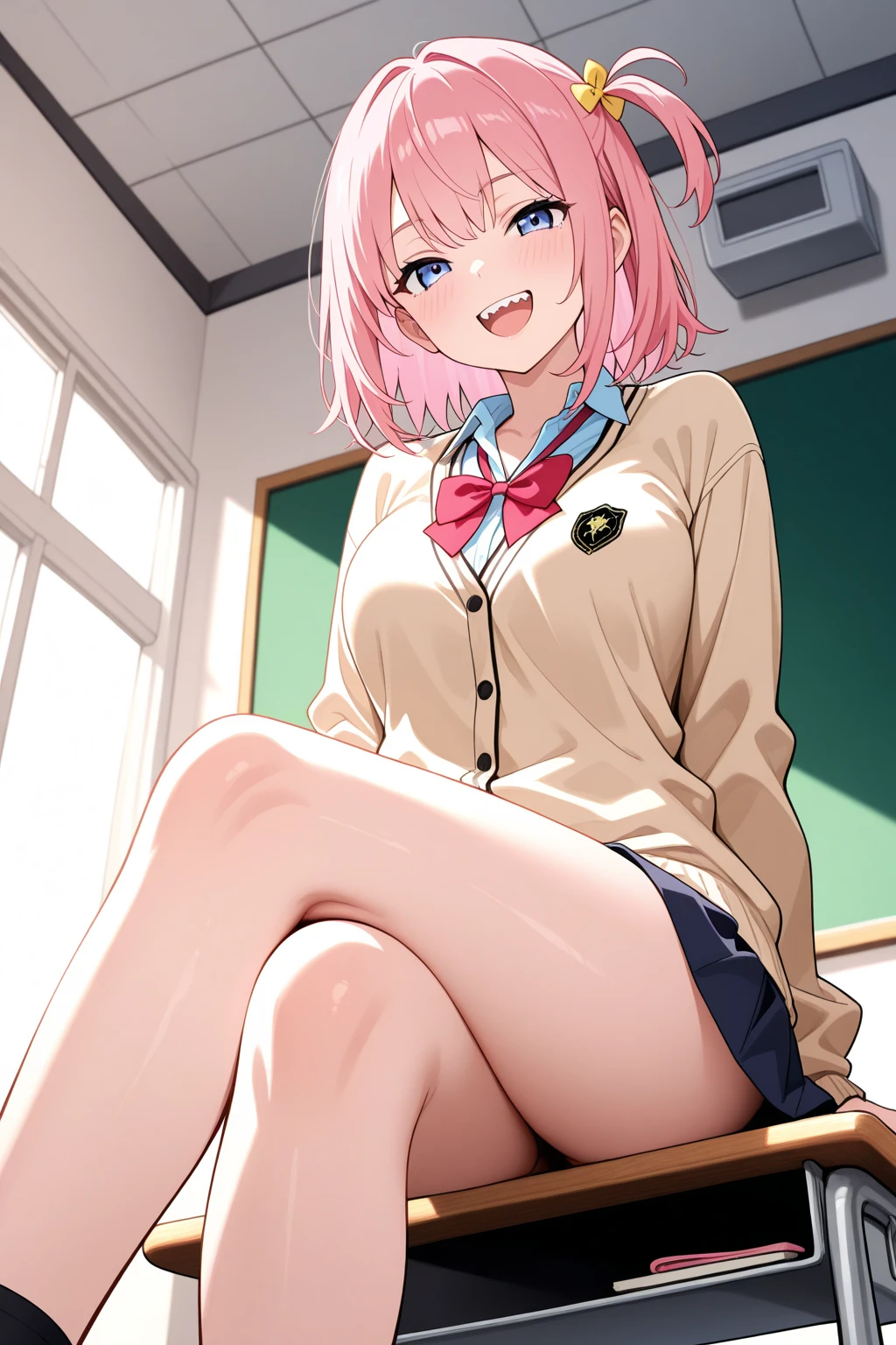 Beauty Model, table top, highest quality, High resolution, perfect pixel, 4k, , 1 girl, single, alone, beautiful woman、I could see the whole body、 short wavy hair, bangs, white hair, red eyes, beautiful eyelashes, realistic eyes, ((detailed face, blush:1.2)), ((smooth texture:0.75, realistic texture:0.65, realistic:1.1, Anime CG style)), medium breasts, dynamic angle, perfect body, ((school uniform, white shirt, black skirt, unbuttoned shirt、plaid skirt、white socks)), classroom without people、sit at desk、..、evening、Very embarrassing panic smile、(lift the skirt with your right hand、open legs、open knees wide, pussy , pussy line, pussy)、(pink lace bra)、angle from below, pussy line, pussy visible, pussy ,open legs, prefect body