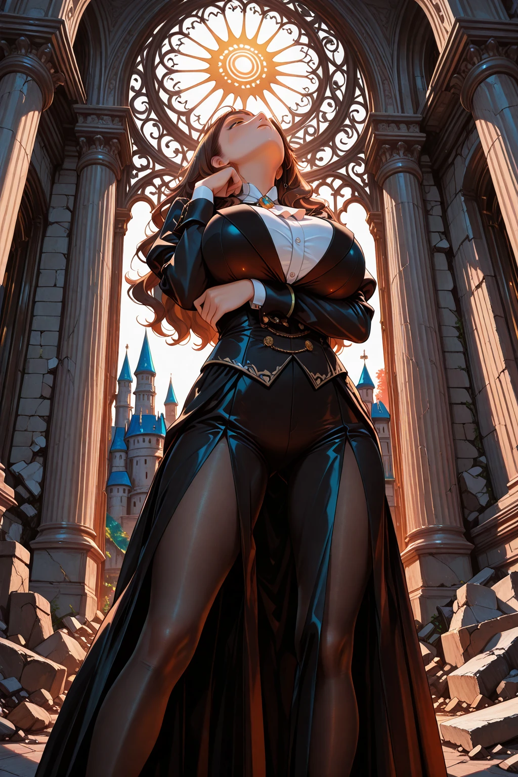 (masterpiece, top quality, best quality, official art, beautiful and aesthetic:1.2), (1girl:1.3), long and curly dark brown hair, ((extravagant updo)), Victorian style, extremely detailed, portrait, looking at viewer, solo, (full body:0.6), detailed background, close up, mischievous eyes, (cold midnight castle theme:1.1), extremely busty vampire, long fangs, blood on chin, huge lips, charlatan, smirk, mysterious, being seductive on a balcony, revealing gothic dress, lace, extremely tight bodice, black attire, red skirts, off shoulder, long sleeves, loose sleeves, black leather, cloak, corset, black dress, fishnets, thigh high black boots, buckles, straps, pouches, glowing blood magic energy, dark red fabric, silver trim, black leather, (ruffled collar), (((gigantic breasts))), cleavage, skindentation, slim waist, slim hips, long legs, medieval (gothic castle exterior:1.1) background, nighttime, dark mysterious lighting, shadows, magical atmosphere, dutch angle