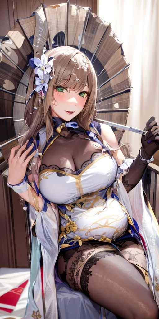upper body, oil painting, masterpiece, best quality, long light brown hair, braided-bun hairstyle, big bust, Navy blue Victorian era maid uniform that exposes cleavage, black high heels with ribbons, tempting, See-through vin, light pink lips, fair white skin, She is beautiful, Lying on the bed, Lifting up the skirt slightly