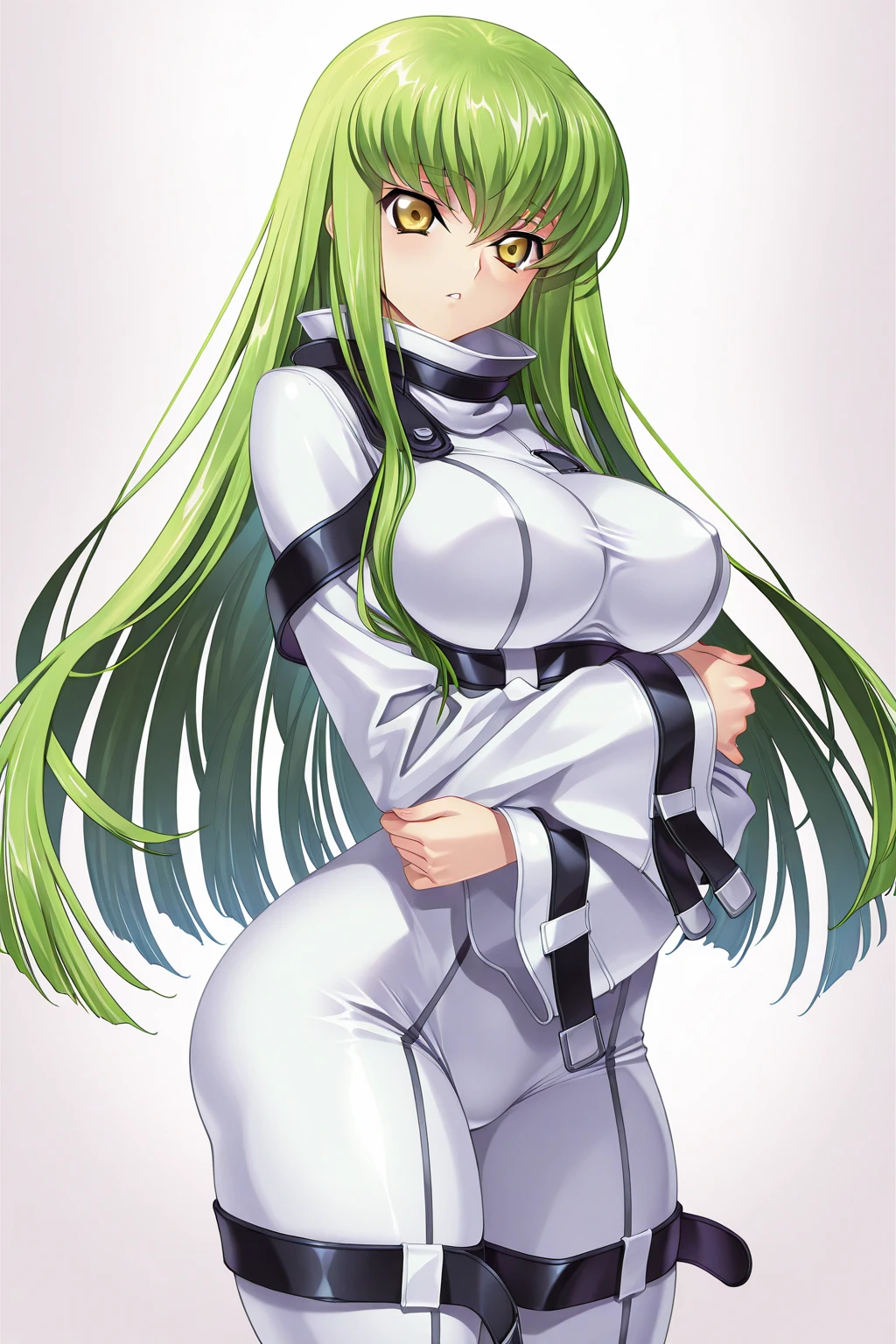Expressive, score_9, score_8_up, score_9_up, Touhou, masterpiece, high quality, highly detailed, 1girl, kochiya sanae, solo, green hair, long hair, green eyes, long hair, big breasts, blush, round breasts,,,,,, frog hair ornament, hair tubes, snake hair ornament,,,, thin waist, sit on stool, white background,, virgin killer sweater,