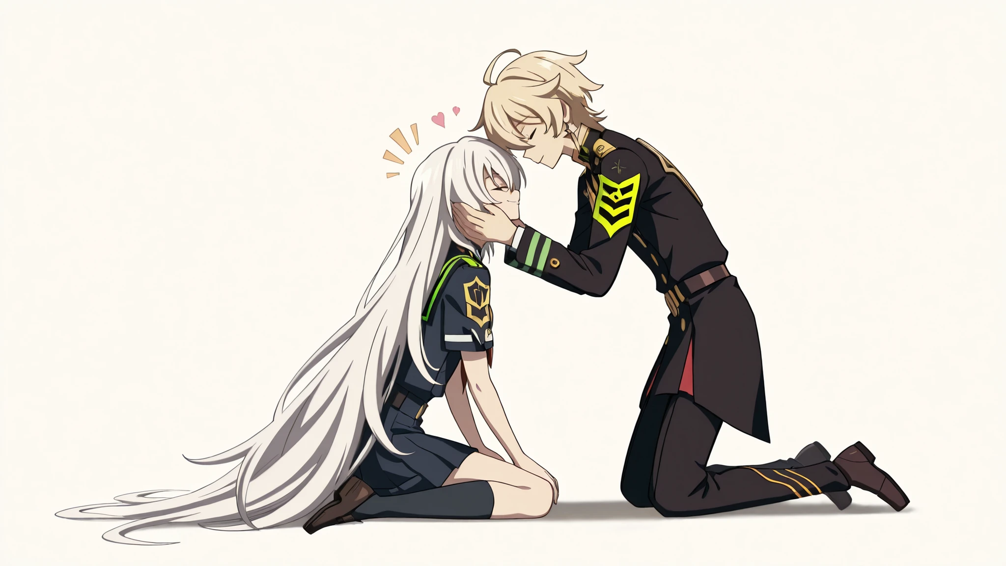 couple,herero,(duo focus),1girl,1boy, traveler,IstarothGI, BREAK, 1boy,Aether lying on the ground with his head gently resting on Istaroth’s lap,BREAK, 1girl, Istaroth sitting in a kneeling pose, softly holding Aether’s cheek with a loving gaze, BREAK, Aether,yellow hair, wearing military uniform like Owari no Seraph, Istaroth in a school uniform-style outfit with soft white hair, emotional romantic anime couple moment, white simple background,
