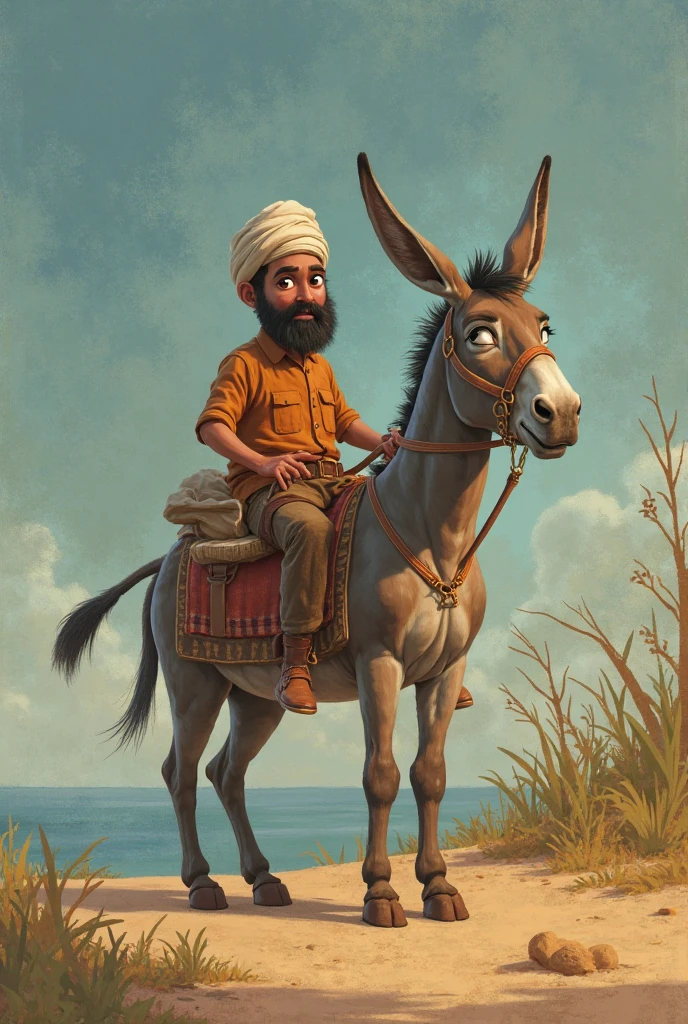 Bearded Arab man on a donkey in sailor hat white woodblock print shirt, and smile on your face, short beard, gradient hair 