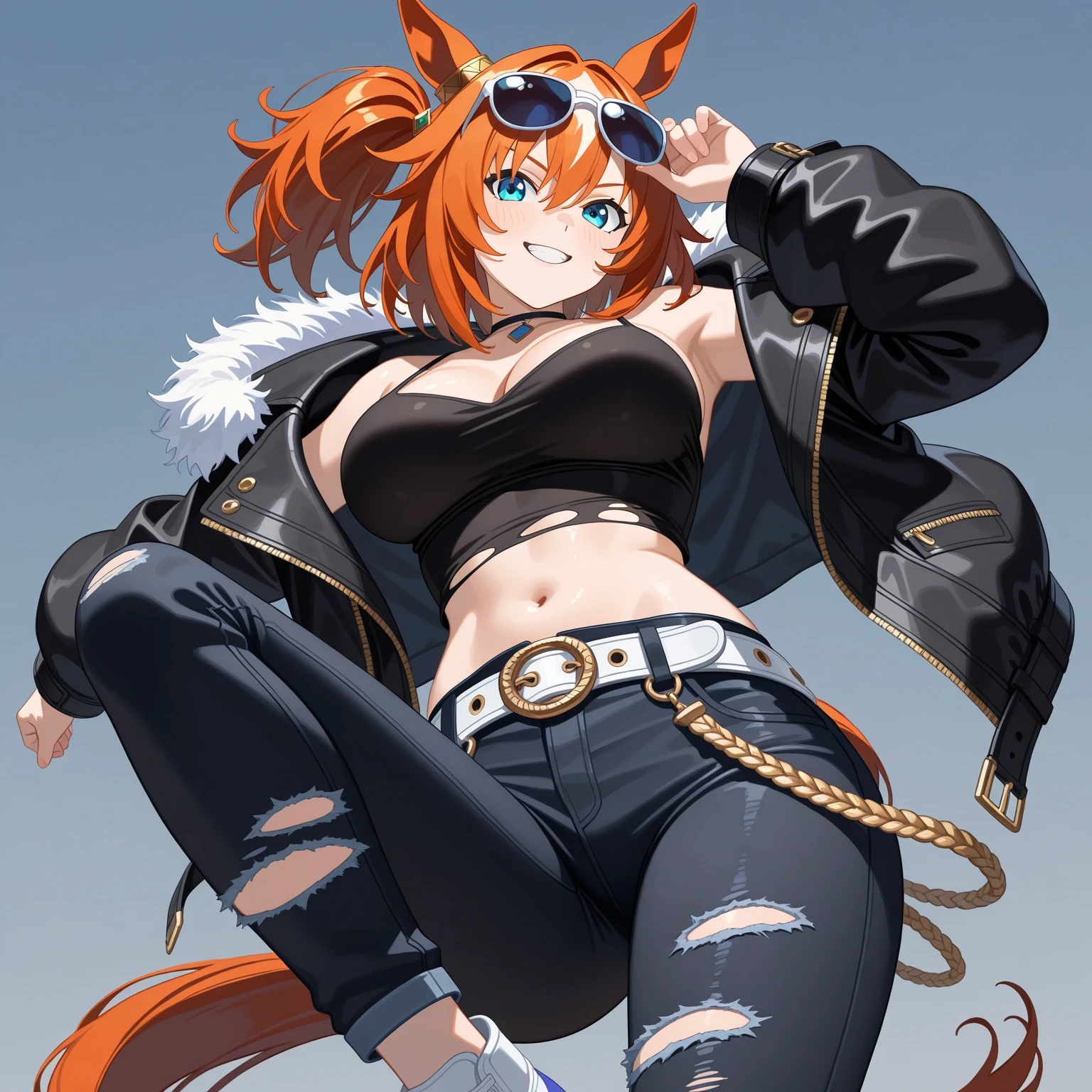 Draw a manga-style character with a physical appearance with this form of the hair Orange with black highlights, tied into two ponytails shaped like jaws, similar to Mawile from Pokémon, Eyes Pink, bright, and expressive and Build Slim and athletic, Attire Upper Body White leather jacket with cyberpunk details, such as integrated LED lights or futuristic lines, Lower Body Sporty bikini in orange, white, and black colors, blending with the cyberpunk style while allowing freedom of movement for physical activities, Personality Creative and curious Always seeking new experiences and forms of expression, Her creative mind drives her to constantly explore new ideas and concepts, glow bikini